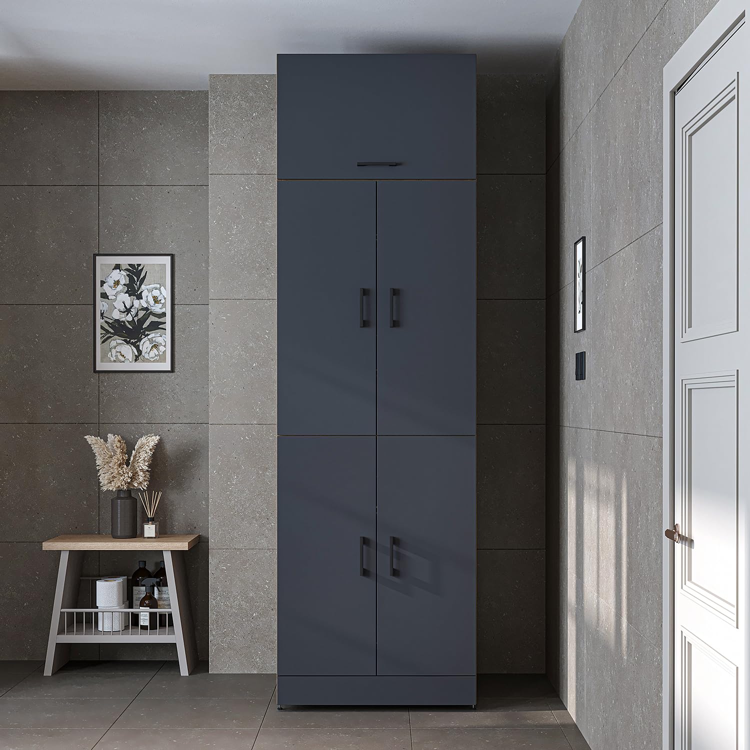 ROOMART Dora Armadio per lavatrice e asciugatrice in 4 colori, con ante e piastra estraibile (rovere grigio antracite, 230 cm di altezza)