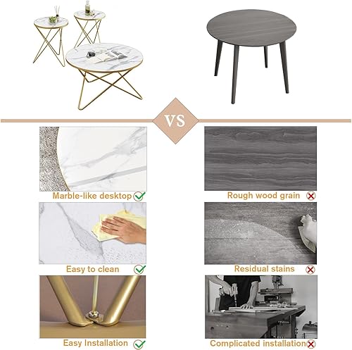 Miniatura 6 de HLR Moderno juego de 3 mesas auxiliares redondas y mesa auxiliar, mesa auxiliar con parte superior de mármol sintético y marco de metal dorado, mesa