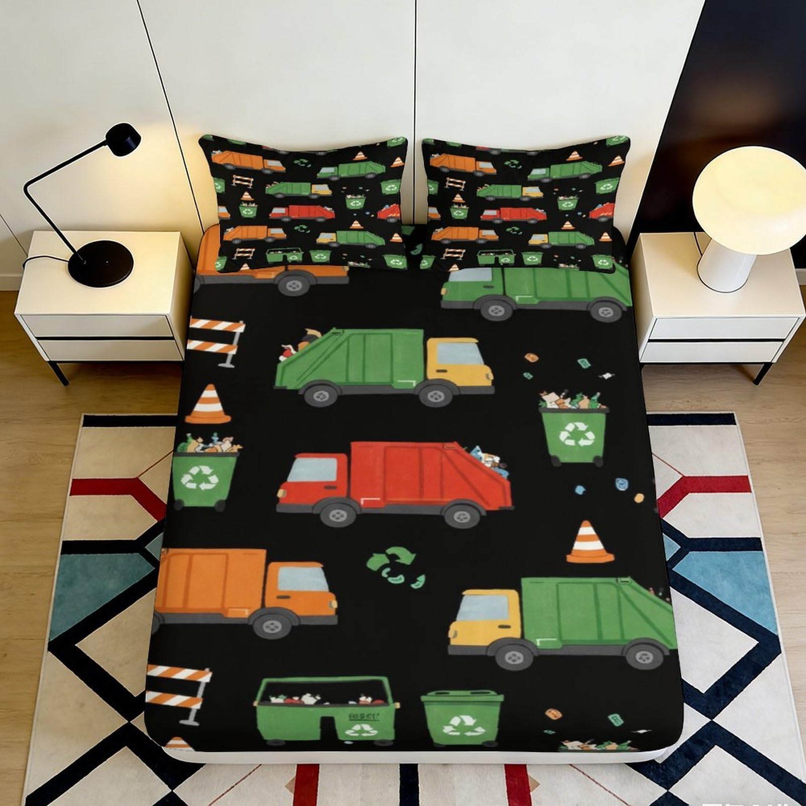 3D Printed Garbage Truck Fitted Sheet Microfiber Anti-Slip Recycle Bin Bed Cover for Bedroom Dorm Easy Care Decor 90x200x25cm