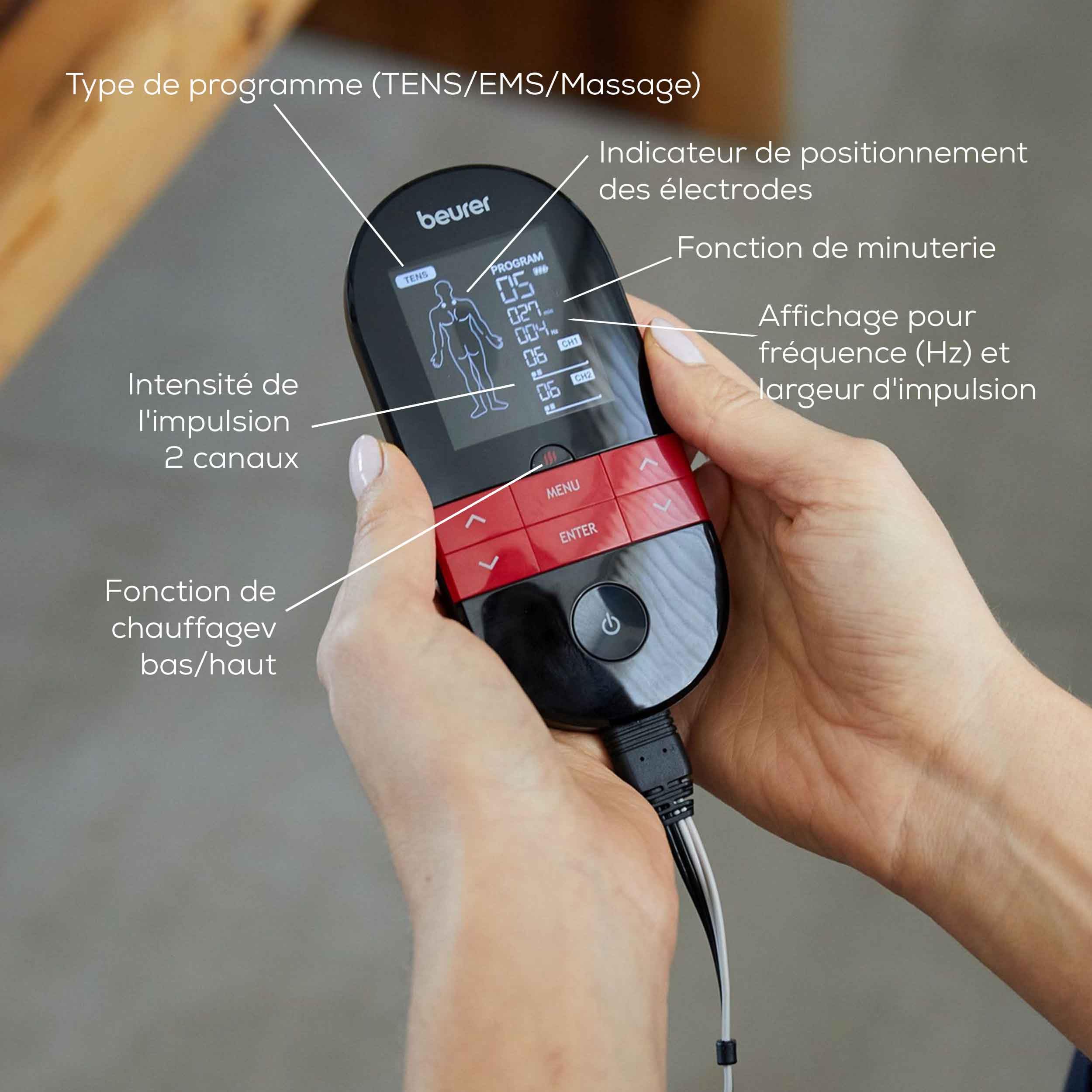 Beurer EM 59 Électrostimulateur musculaire TENS/EMS, 4-en-1 pour la thérapie de la douleur, la stimulation musculaire, le massage et avec fonction chaleur, avec 4 électrodes et batterie.