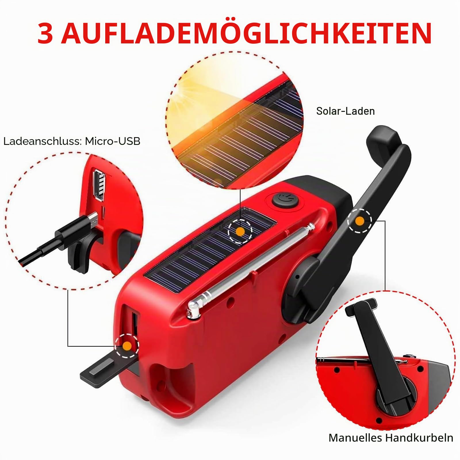 Notfall-Wind-Up-Radio mit wiederaufladbarem USB-Ladegerät/3-LED-Taschenlampe/AM/FM/Wetter/tragbares Solar-Handkurbelradio Haushalt und Outdoor-Camping, Wandern, Reisen