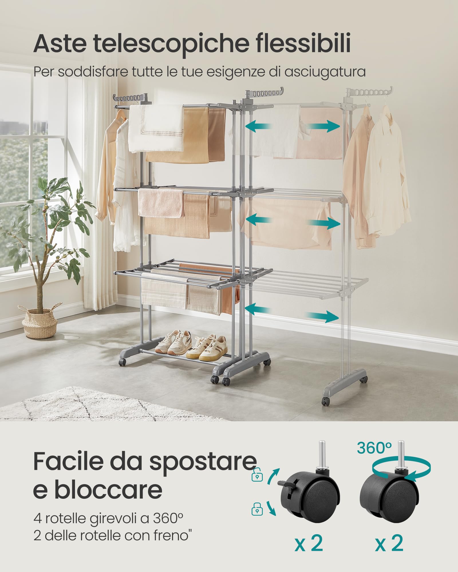 SONGMICS Stendibiancheria, Stendino Pieghevole a 4 Livelli, con Ruote e Ali Richiudibili，63,5 x (131-200) x 177,5 cm，Capiente, Uso Interno ed Esterno，Grigio Tortora LLR704G01