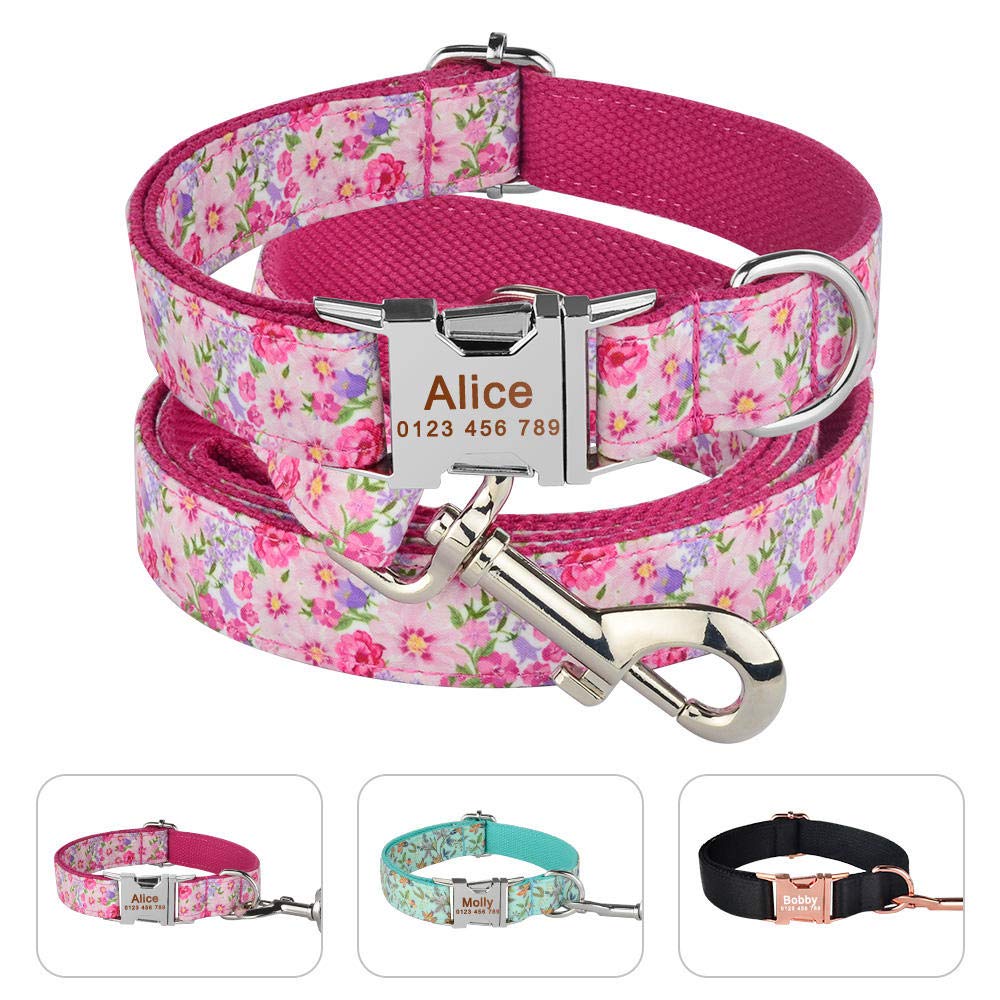 Hundehalsband Personalisiert Gravierter ID-Name Reflektierendes Nylon XS-L Hundehalsband Leinen-Set ID-Name Telefonnummer Tag-Pink_Leash_Collar_Set_M__