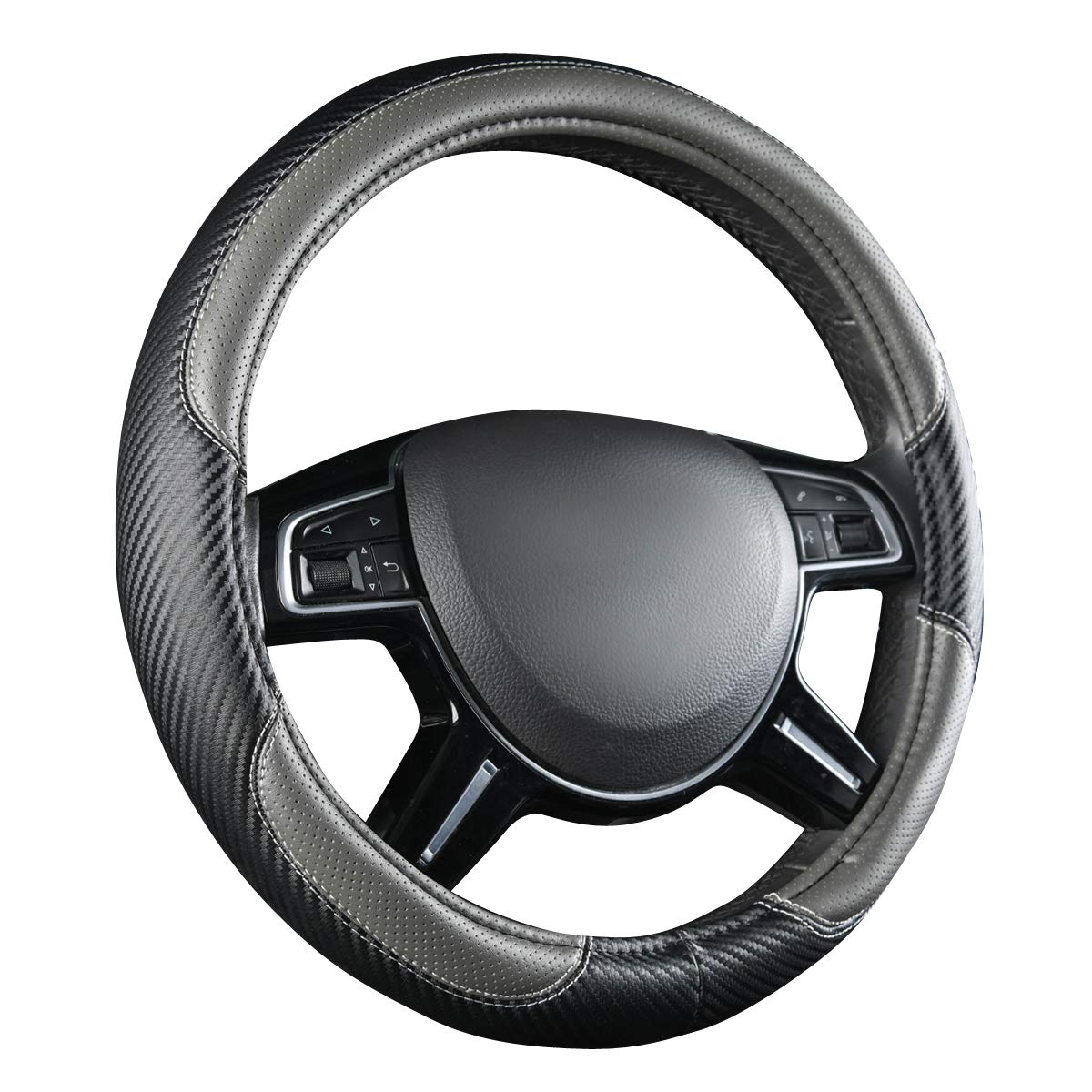Photo 1 of CAR-GRAND Carbon Fiber Steering Wheel Cover, Premium Breathable Leather Sporty Wheel Protection Interior Accessories Standard Size[14" 1/2-15"] Unviersal Fit for Truck SUV Sedans Vans, Black Gray Steering Cover[14"1/2-15"] Gray