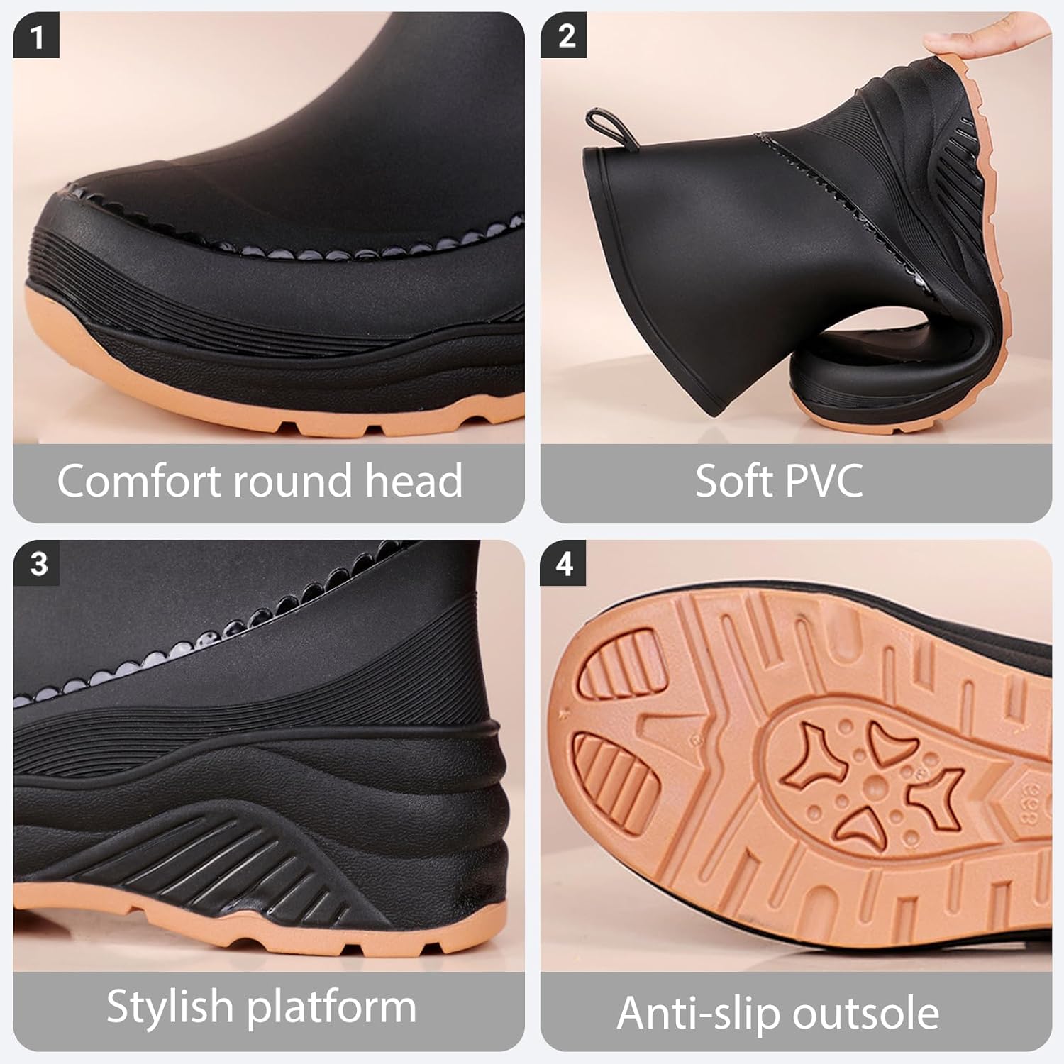 Women'S Chunky Platform Rain Ankle Boot Fashion Comfort Round Toe Waterproof Anti-Slip Thick Sole Pull On Garden Chelsea Rain Boots for Outdoor Work Booties - Image 3