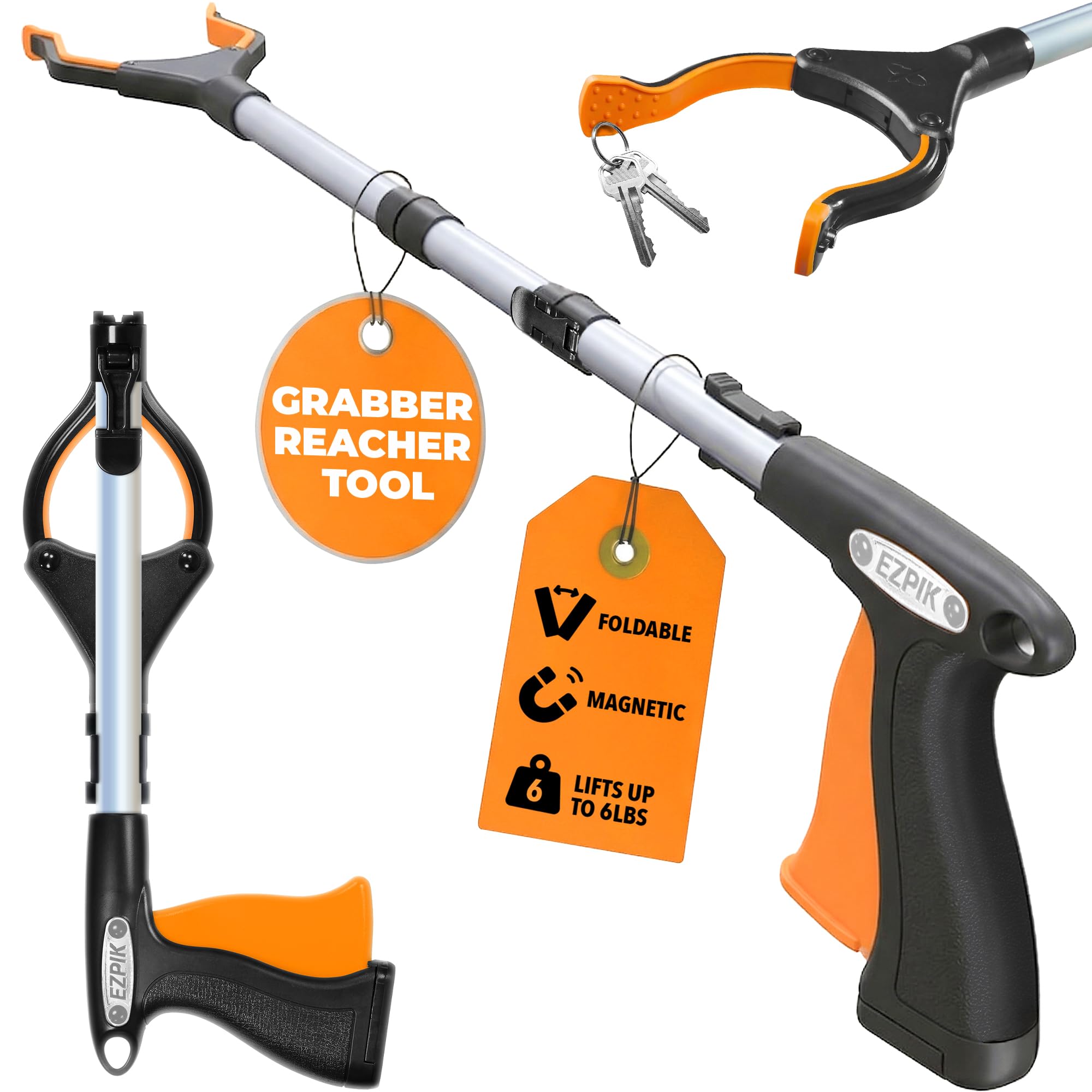 Close-up of the EZPIK PRO 36" grabber tool's rotating claw mechanism and magnetic tip.