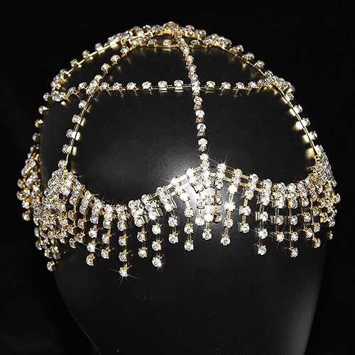 Miniatura 9 de NAISKA Diadema de malla con diamantes de imitación de los años 20, con borla plateada, cadena de cabeza de cristal, tocados de novia, vintage,