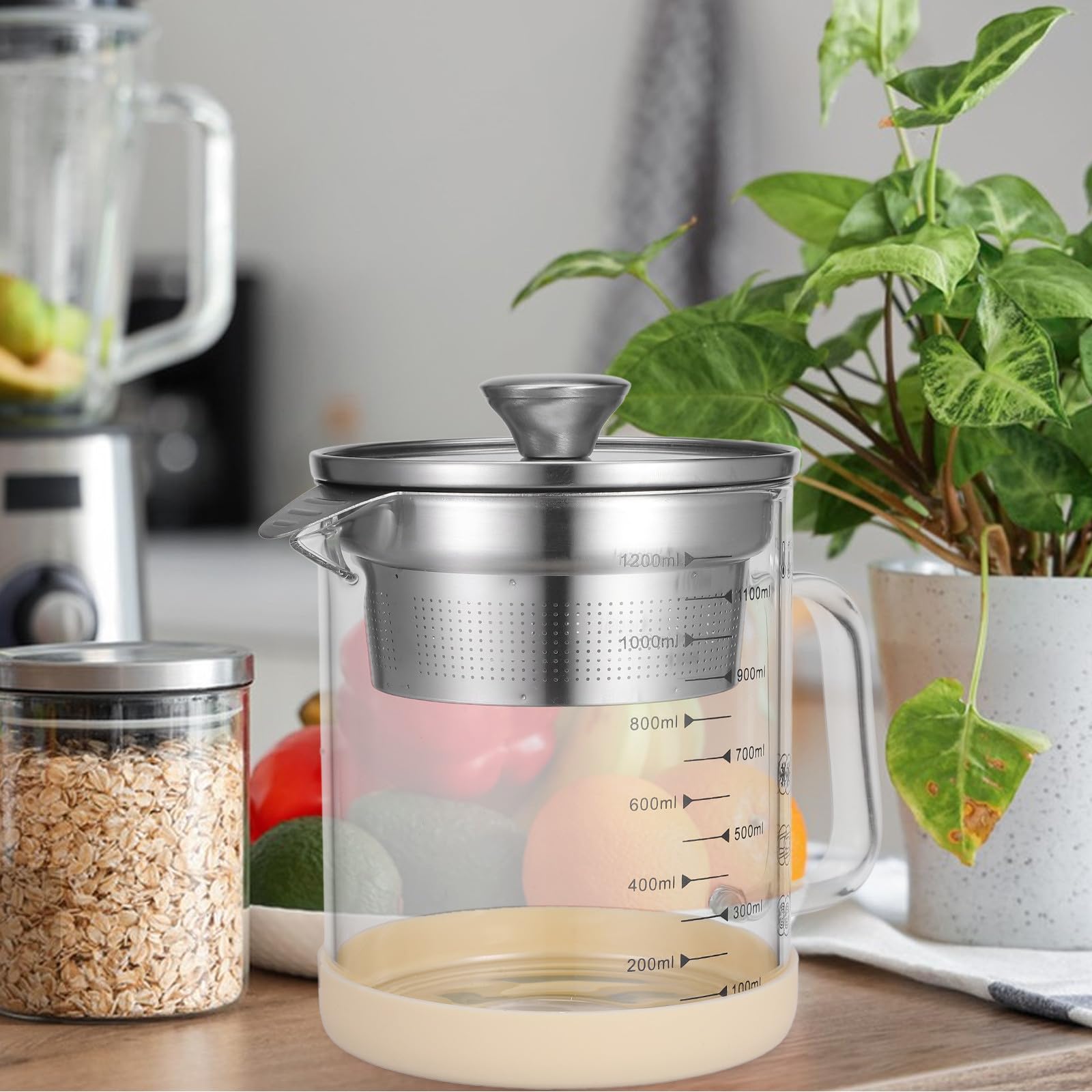 Fettabscheider Multifunktionaler Saft und Sojamilchfilter mit Edelstahlfilter aus Glas 1200ml für Einfache Reinigung und Silikongriff in Küche