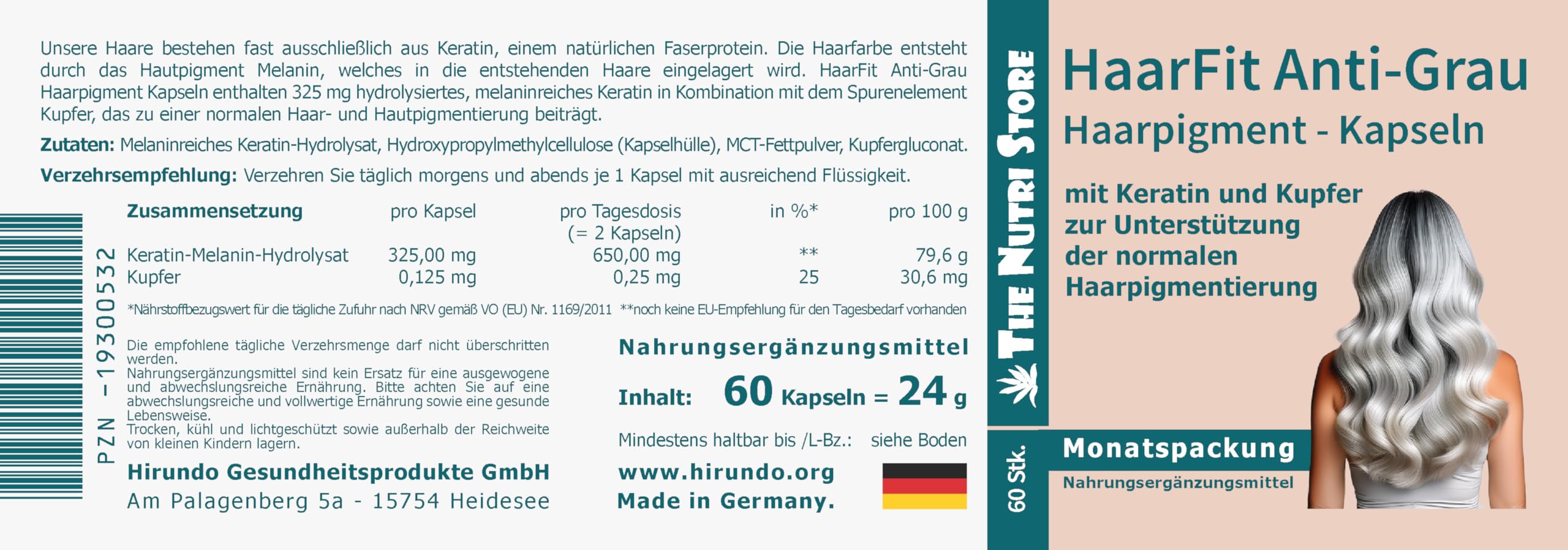 The Nutri Store - HaarFit Anti-Grau Haarpigment Kapseln - 60 Kapseln - Kupfer für normale Haarpigmentierung - Made in Germany