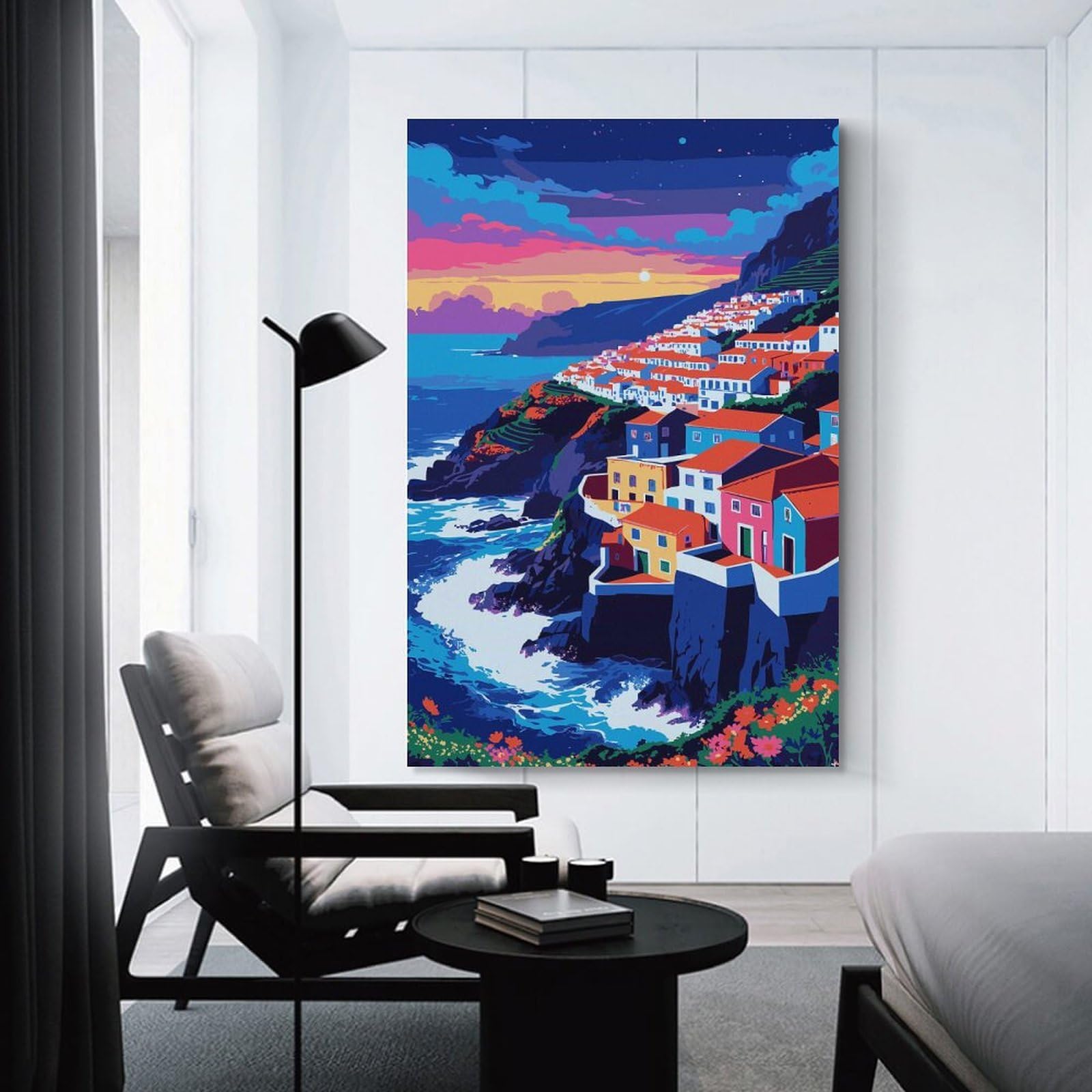 Junmoney Coastal Village at Sunset Illustration Hanging Wall Art, 24x36inch(60x90cm), for New Homes, Bedrooms Or Workspaces, Thoughtful Wall Decor for Art Lovers