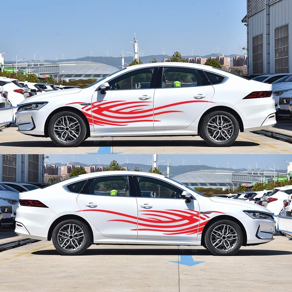 Pair Of Vinyl Racing Stripe Flame Decals – Black Side Graphics For Car Body – Universal Fit