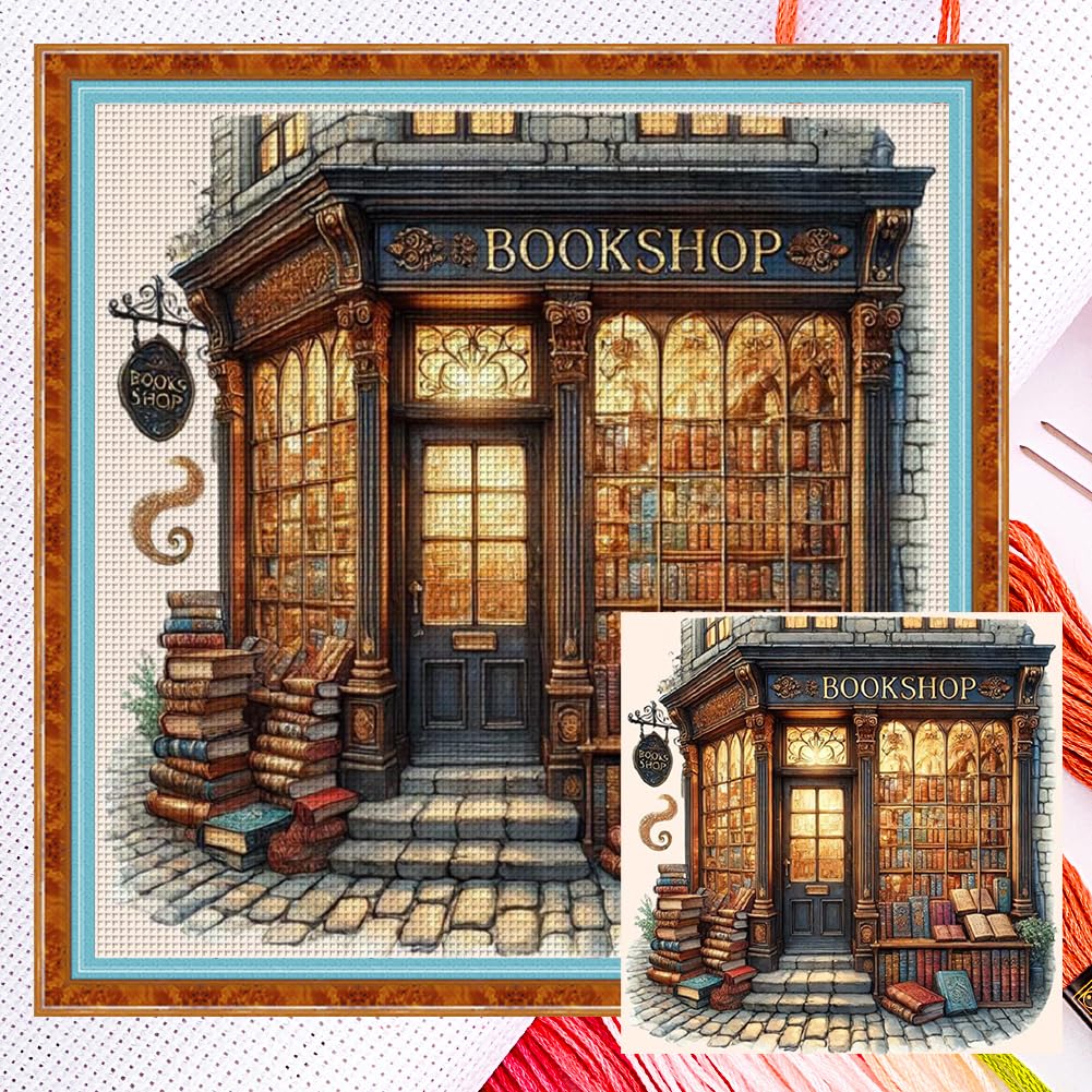 Zorayorce Multicoloured Full Embroidery Eco-Cotton Thread 11Ct Counted Bookshop Cross Stitch Kit 50 X 50 Cm