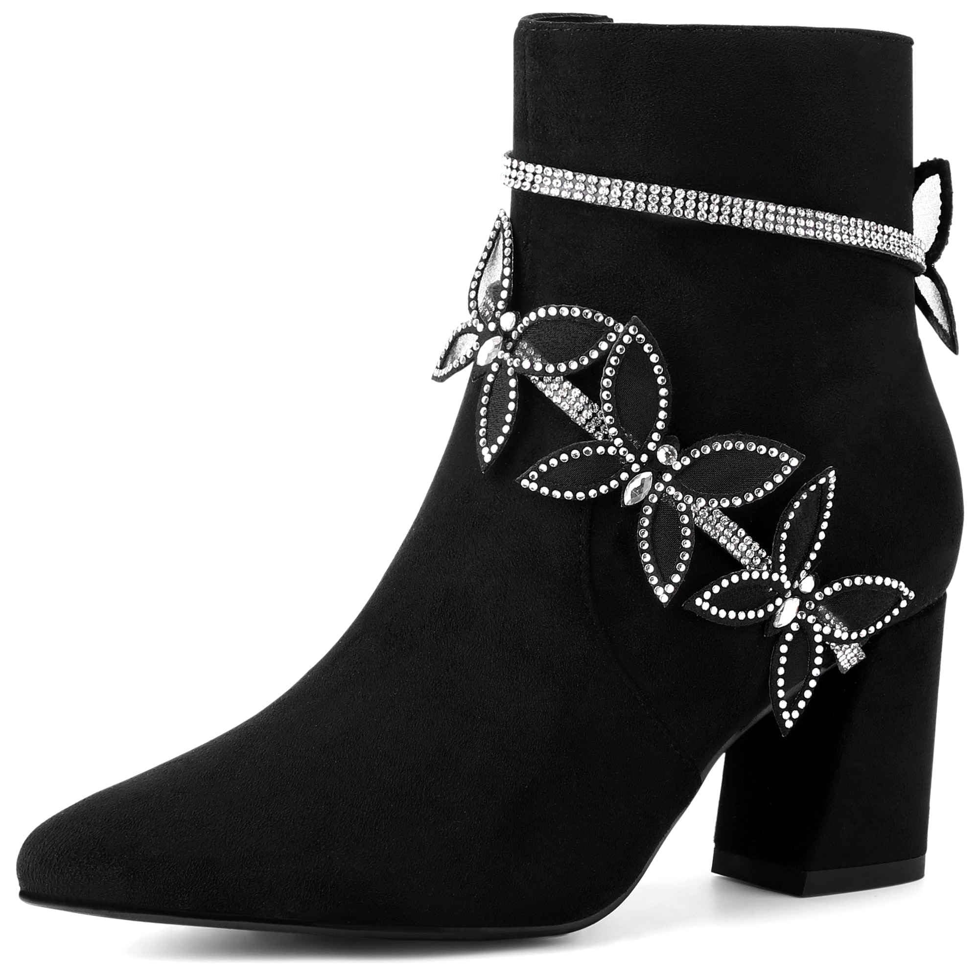 Perphy Butterfly Rhinestone Strap Chunky Heels Ankle Boots for Women