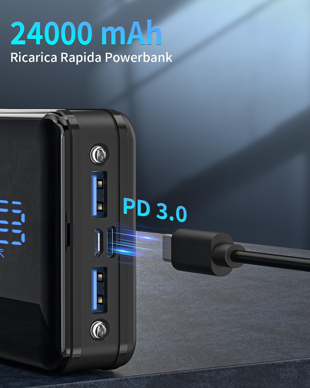Power Bank 24000mAh con 3 Uscite e 2 Ingressi Ricarica Rapida 22.5W Caricabatterie Portatile con USB C,Carica Batterie Portatile per Cellulare con Torcia, Powerbank Potente per iphone,Xiaomi,Samsung