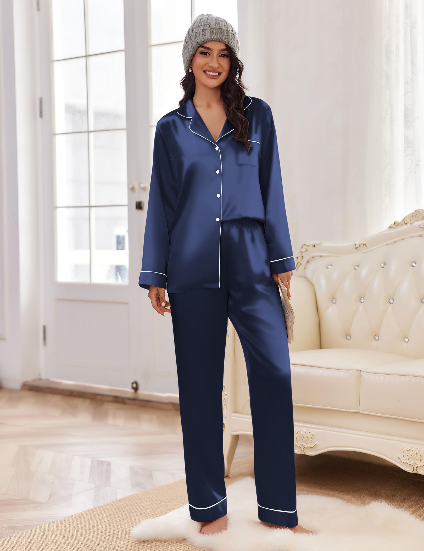 Ekouaer Pigiama da Donna in Raso, a Maniche Lunghe, con Bottoni, Biancheria da Notte con Scollo a V, Set da Due Pezzi