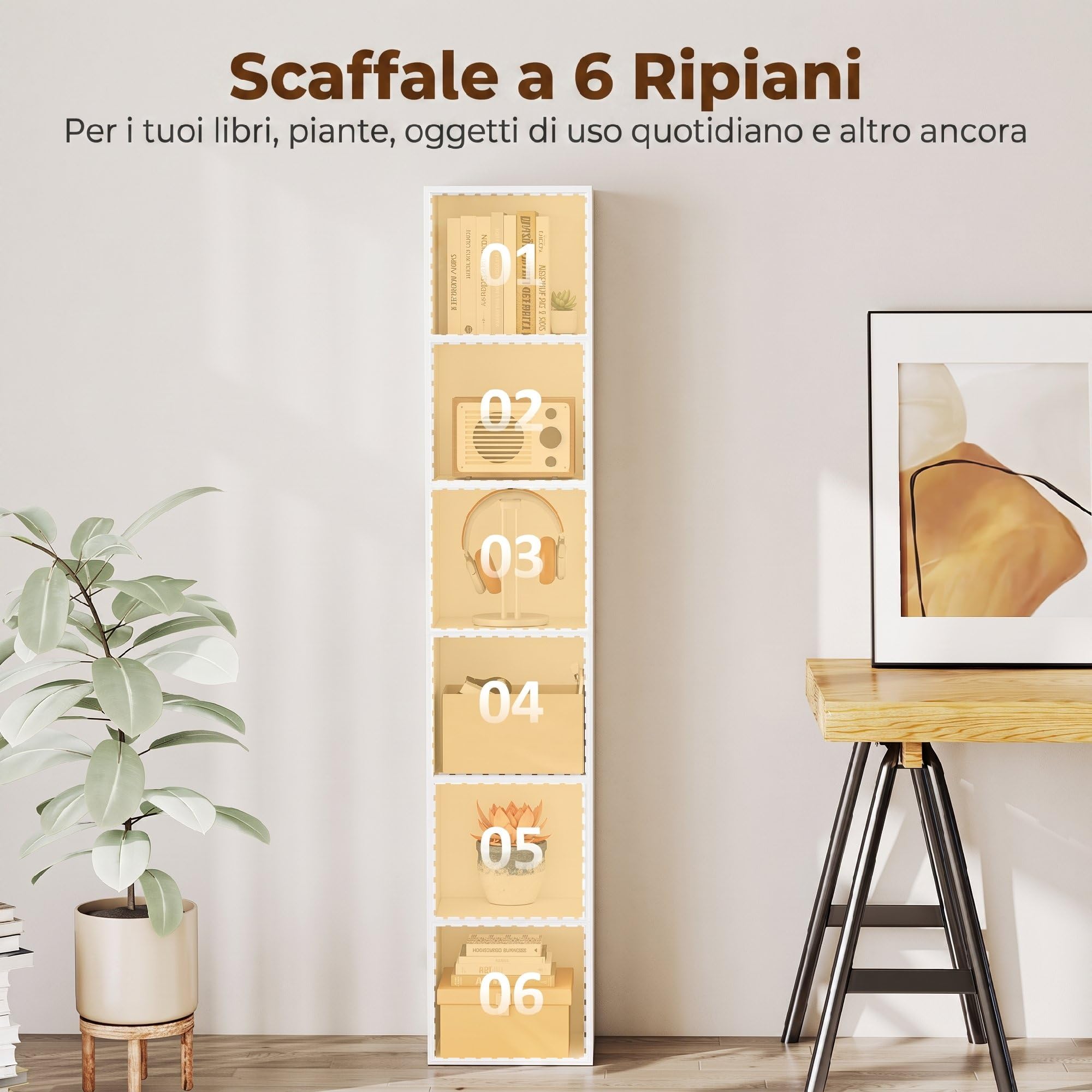 HOMCOM Libreria Scaffale a 6 Ripiani Salvaspazio 30x24x159 cm Bianco | Libreria Verticale, Scaffale Portaoggetti, per Soggiorno Camera da Letto Ufficio Studio