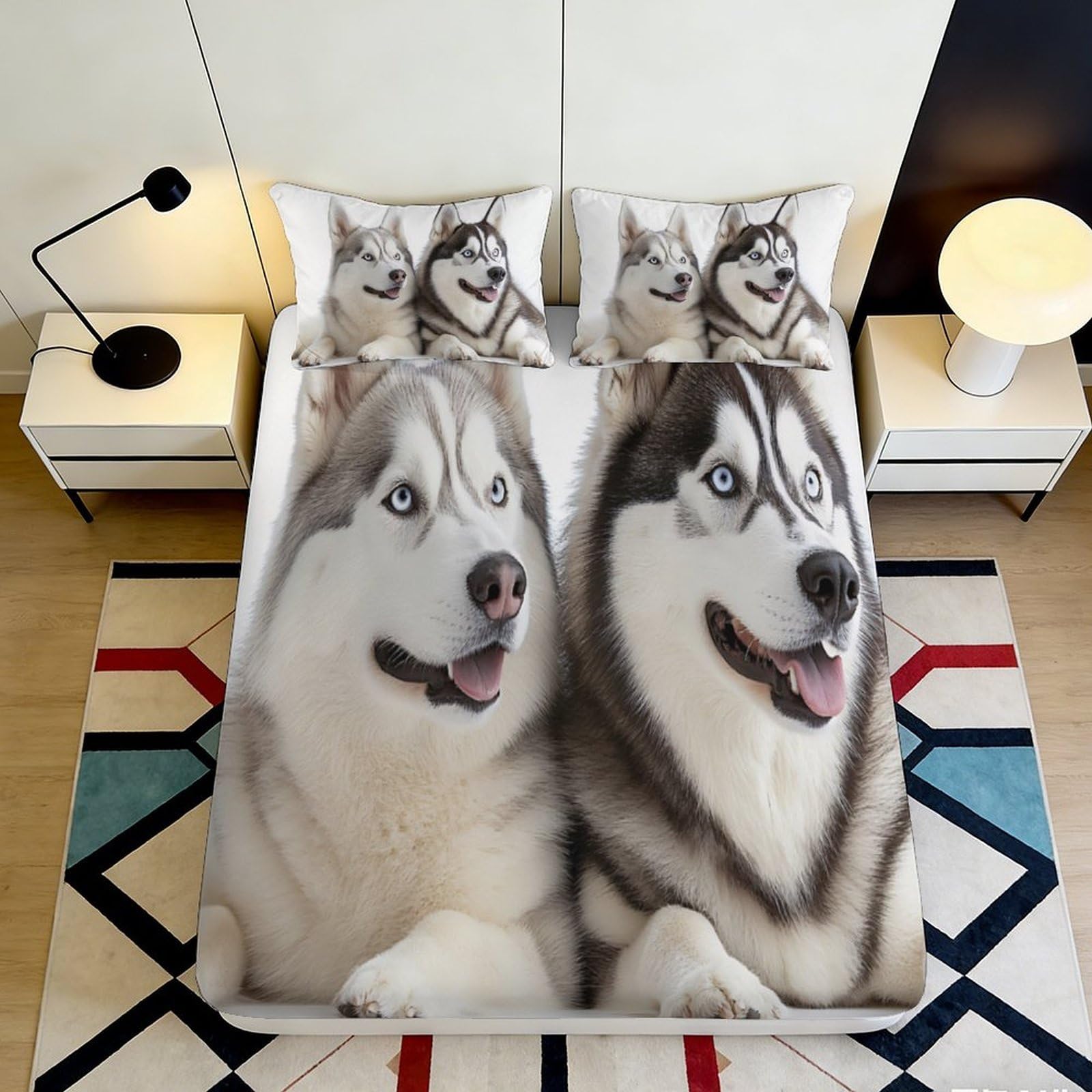 3D Printed Husky Fitted Sheet Microfiber Deep Pocket Bedroom Bedding Husky Mattress Fitted Cover Non-Slip Washable 200x200x25cm