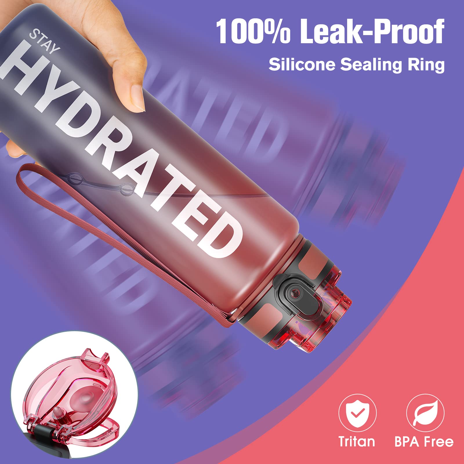 Sahara Sailor Leakproof Water Bottle 750ML, Tritan BPA Free Motivational Sport Drinks Bottle with Clear Time Marker - Image 2
