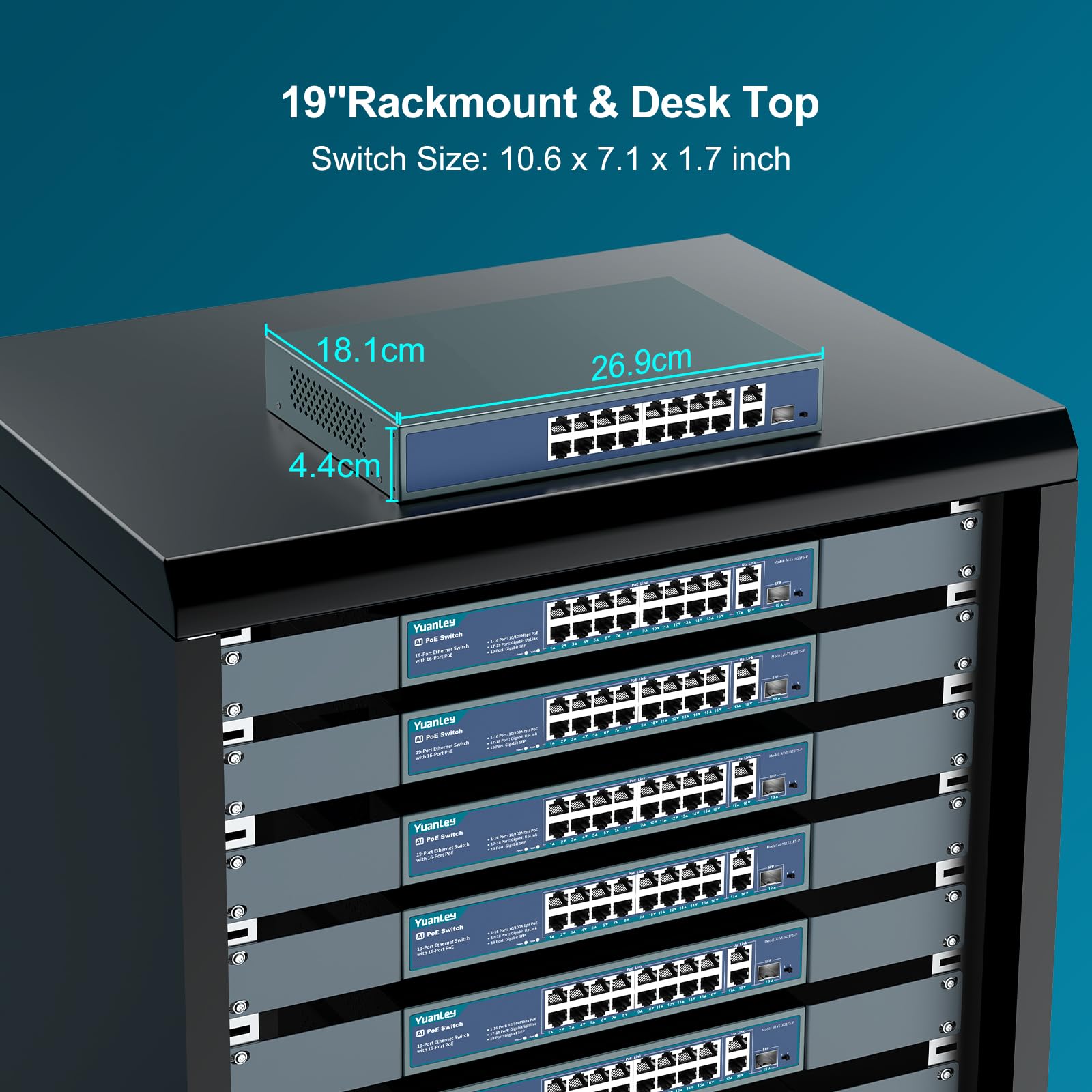 YuanLey 16-Port PoE Switch mit 2 Gigabit Ethernet Uplink, 1 SFP-Port, 250W PoE+ Ports Unterstützung 802.3af/at, Unmanaged Netzwerk Switch mit AI Watchdog, VLAN, 6KV Schutz, Rackmount Plug and Play