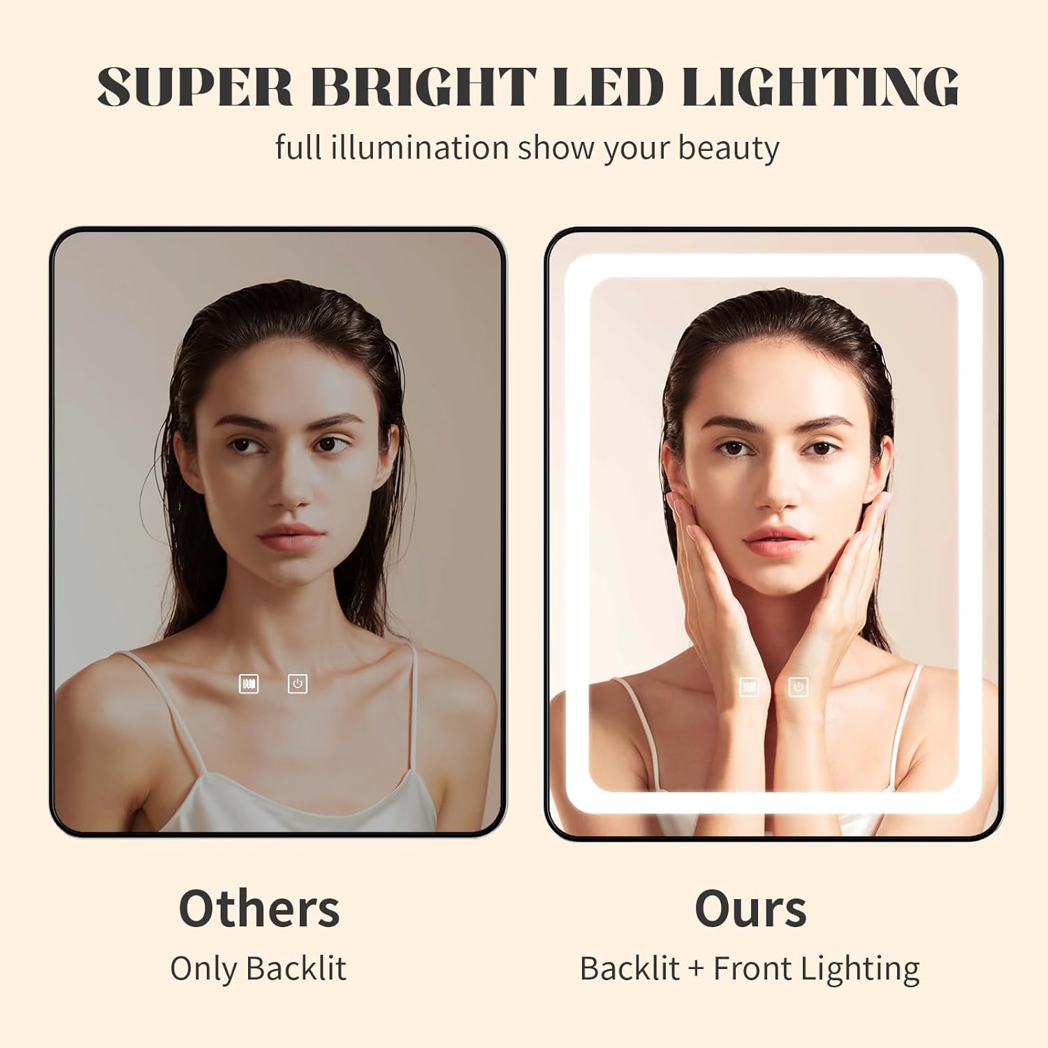 LED Bathroom Mirrors with Lights,24" x 32" Black Square LED Mirror for Bathroom,Fogless,3 Colors Dimmable, Touch Sensor