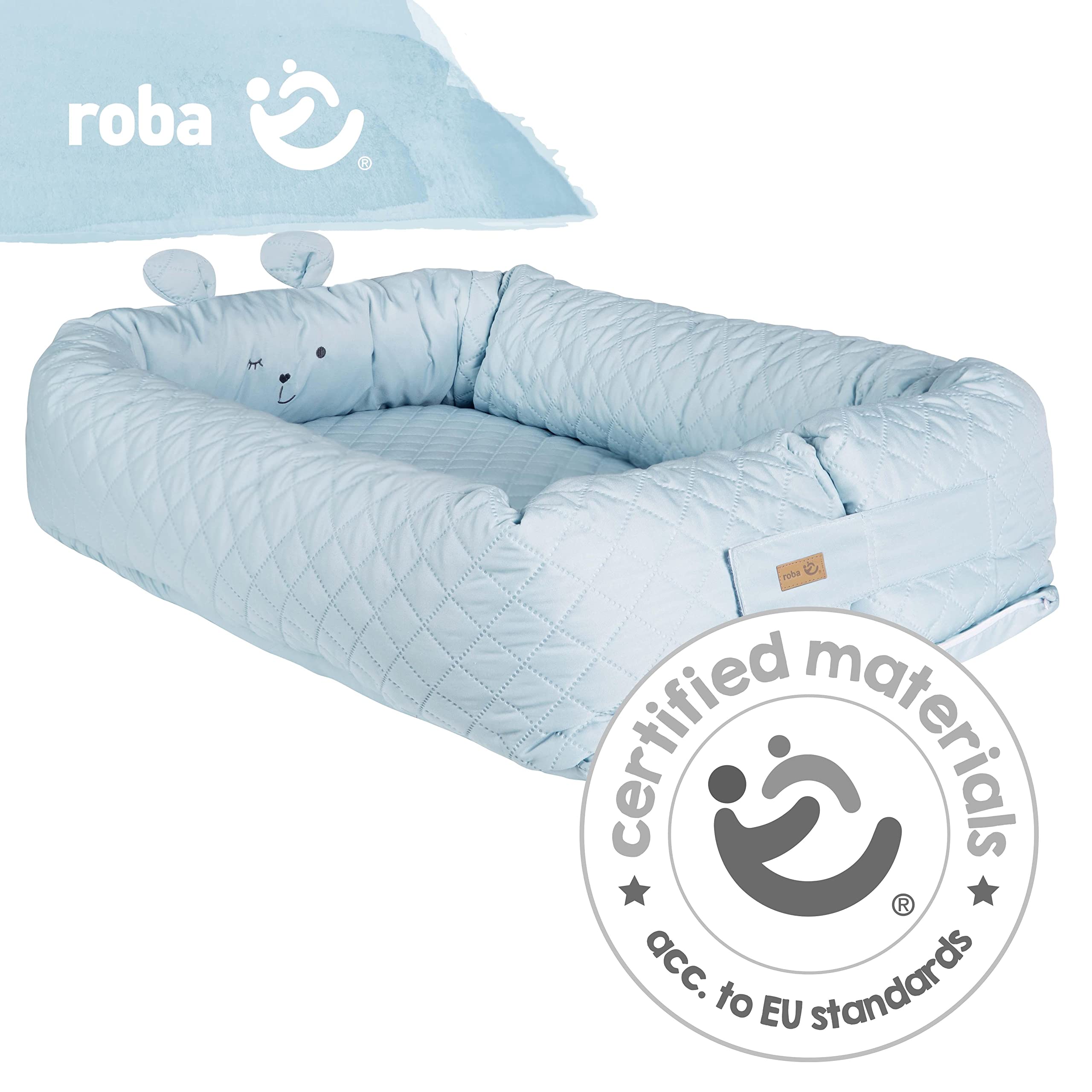 roba Riduttore per Lettino roba Style, con Faccia Orsetto, Lettino da Viaggio, per Fasciatoio, da 0 a 6 Mesi, Paracolpi, Jersey di Cotone, Regalo Nascita, Compleanno, Natale, Azzurro