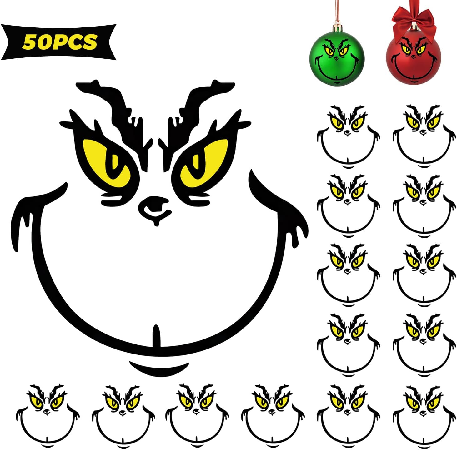 50 Pcs Christmas Decorations Stickers for Ornaments, Christmas Vinyl Stickers, Christmas Decoration Decals, DIY Face Stickers for Christmas Balls, Waterproof Sticker for Home Project, Party - 2*2 in Black and Yellow 2*2 in - 50 pcs