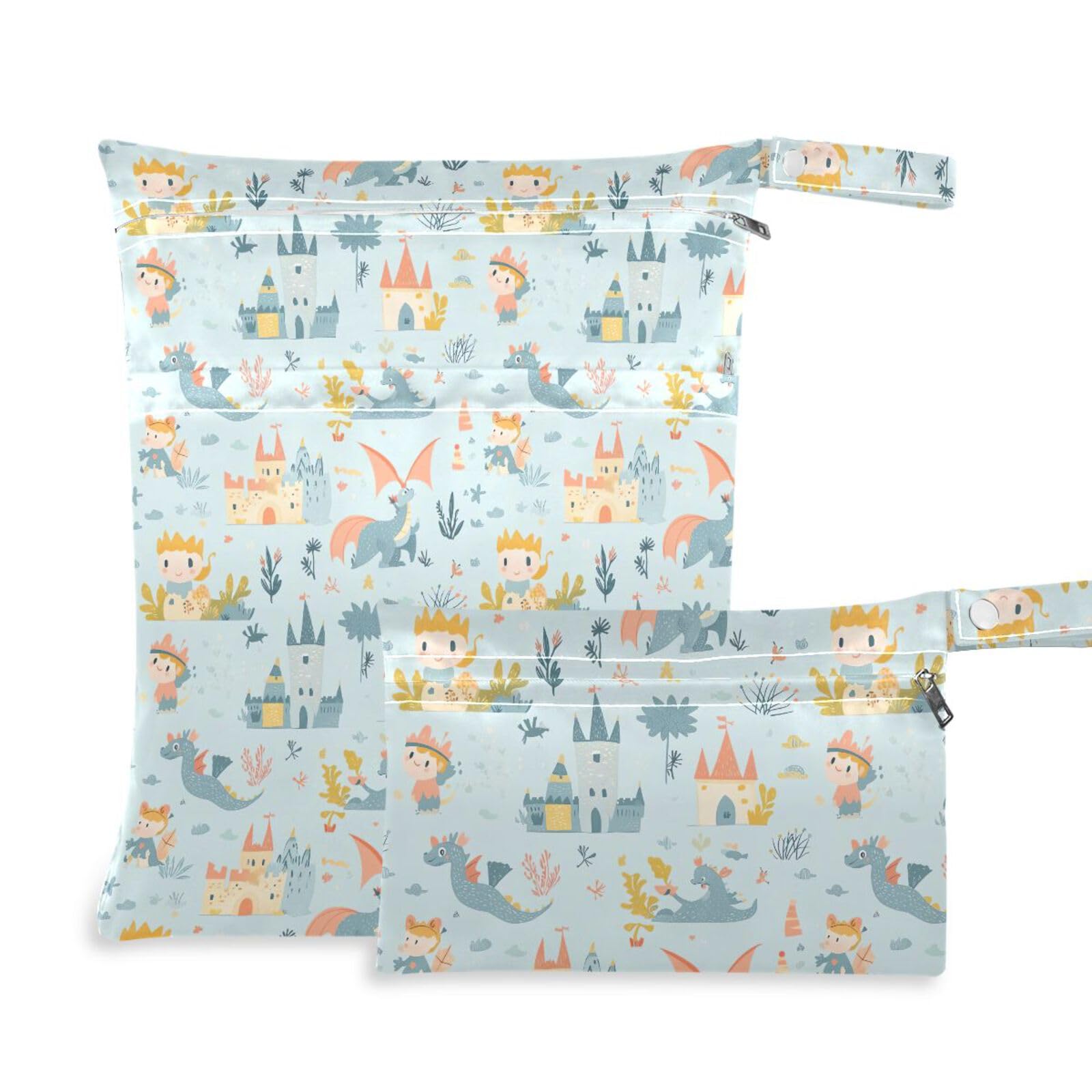 Coikll Wet Dry Bags for Cloth Diaper 2 Pack Waterproof Yoga Gym Bag for Swimsuit Wet Clothes Baby Items-?Castle and Dinosaur?