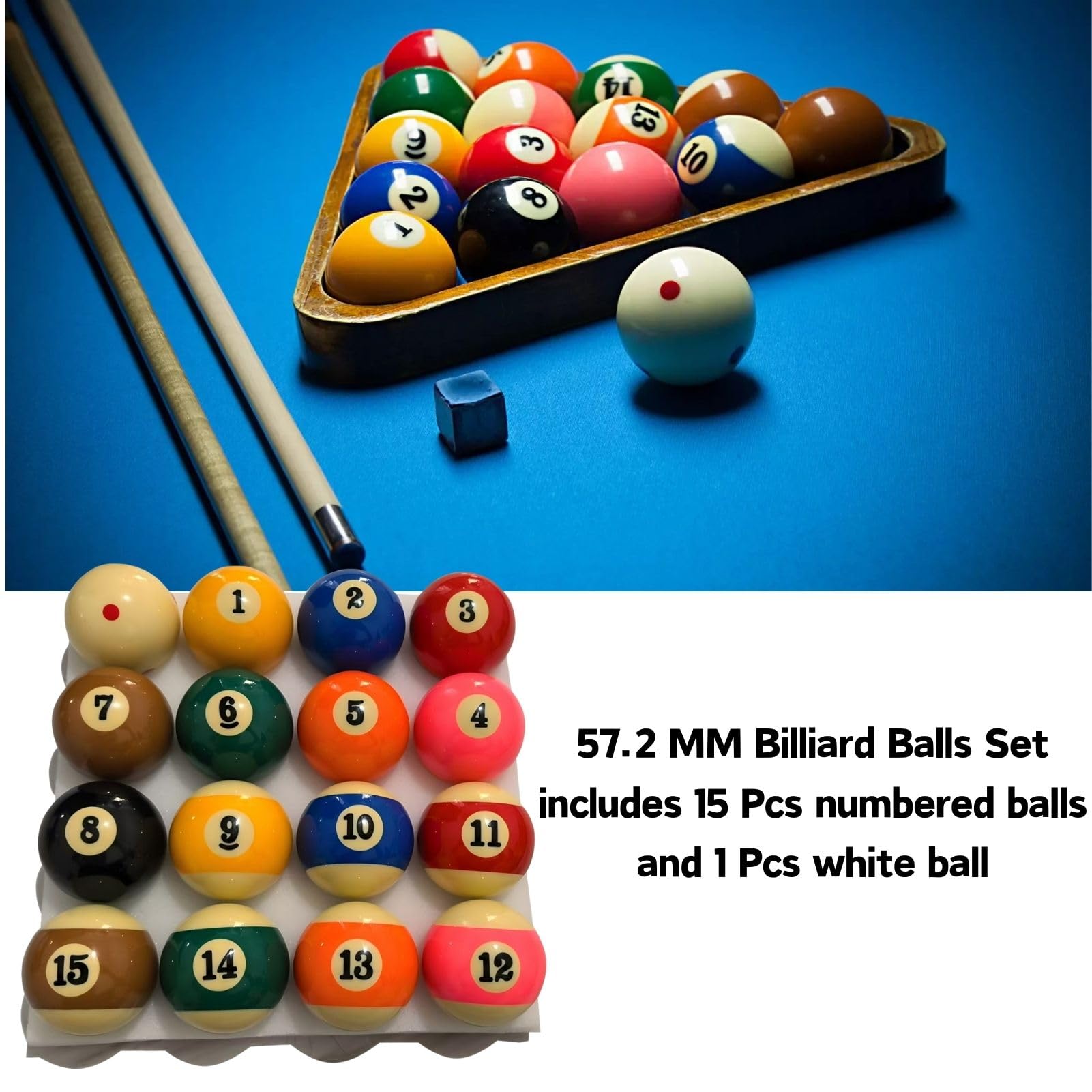Jeu de Boules de Billard 57,2 mm 16 Pièces, Jeu Complet Boule de Billard en Résine pour Compétition et Loisir