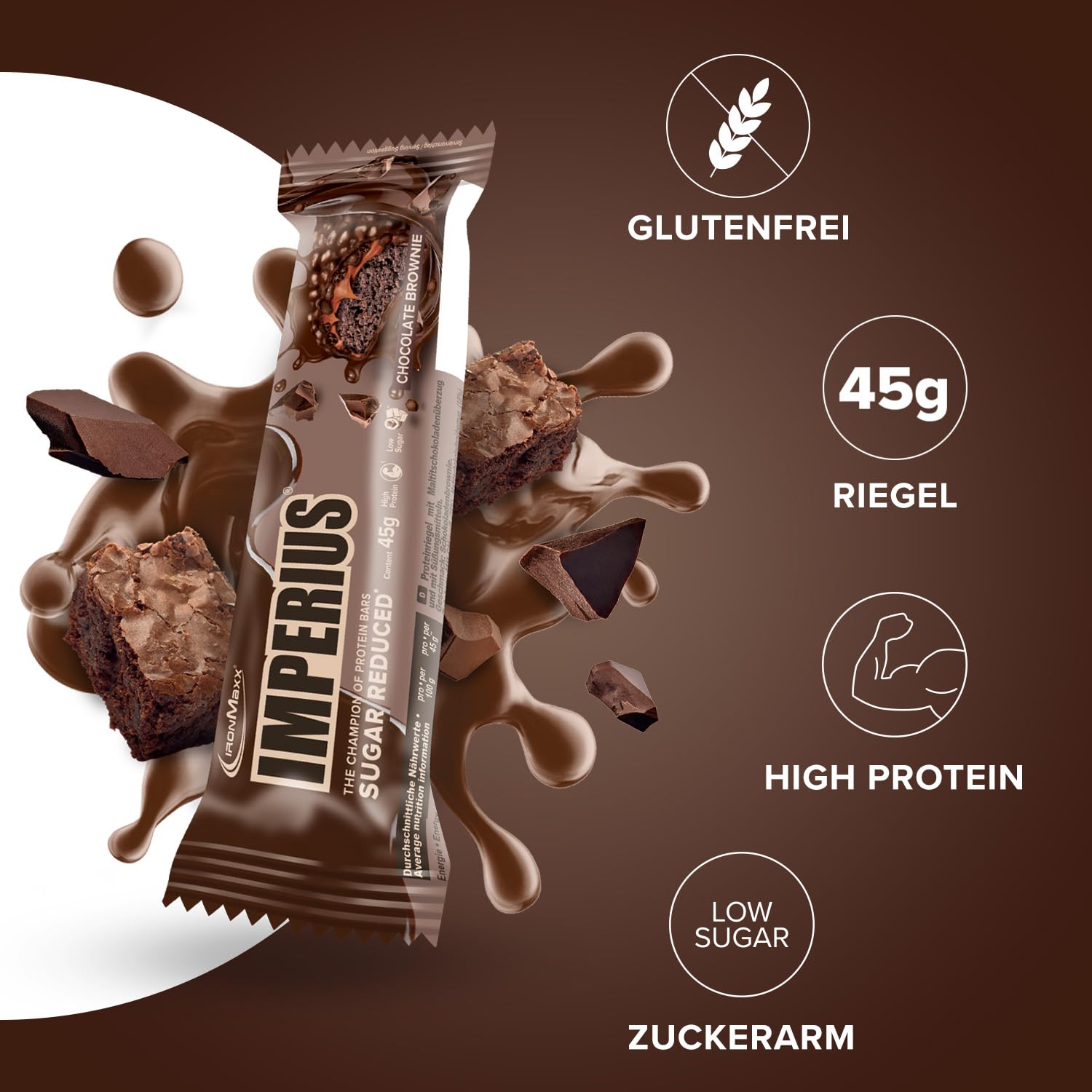 IronMaxx Imperius - Chocolate Brownie 24x45g | Barritas bajas en azúcar con crujientes de soja | Alta en proteínas y reducción de azúcar para un snack crujiente y nutritivo