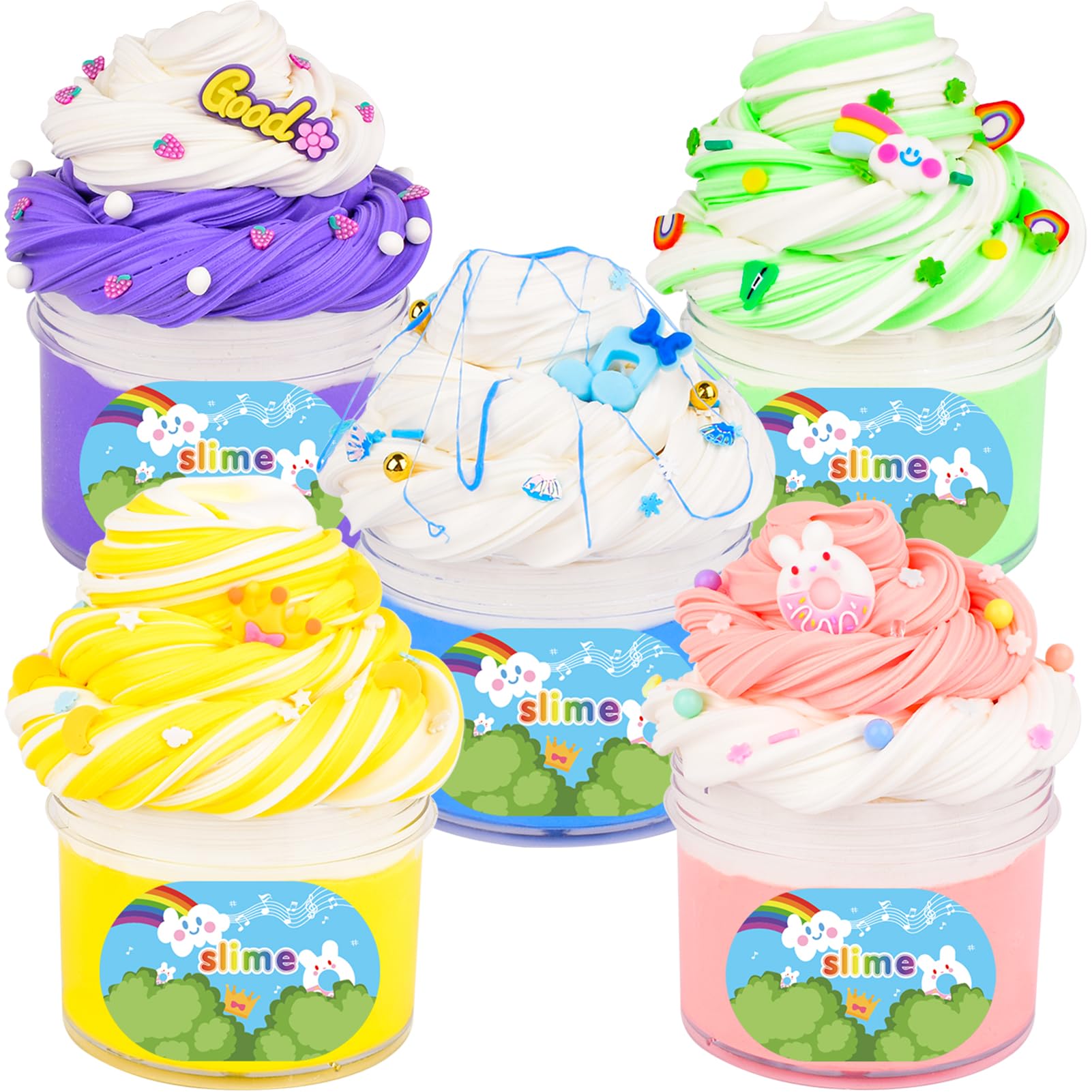 5 Pack Butter Slime Kit, Dual Colors Slime Set with Cute Slime Charms, Soft & No-Sticky, Scented Putty for Party Favors, Birthday Gift, Stress Relief Toys for Girls BoysCarbonfree Certified