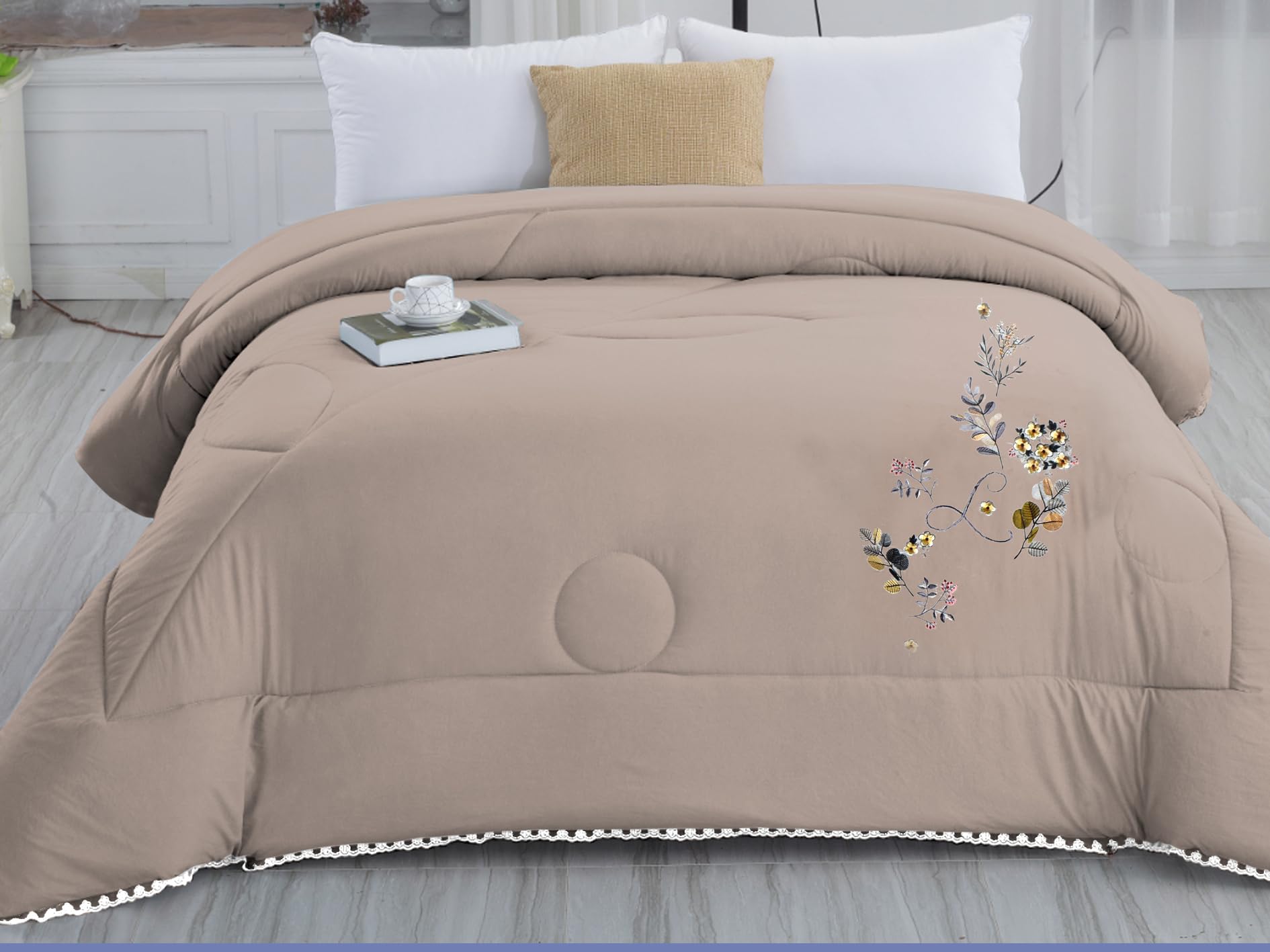 Rosepetal Super Soft Double Bed Embroidered Comforter for All Season(Beige,Pack of 1)