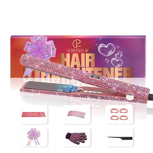 DORISILK Plancha plana de titanio, plancha alisadora de salón de 480 F, calor rápido de 30 segundos, plancha con diamantes de imitación, plancha