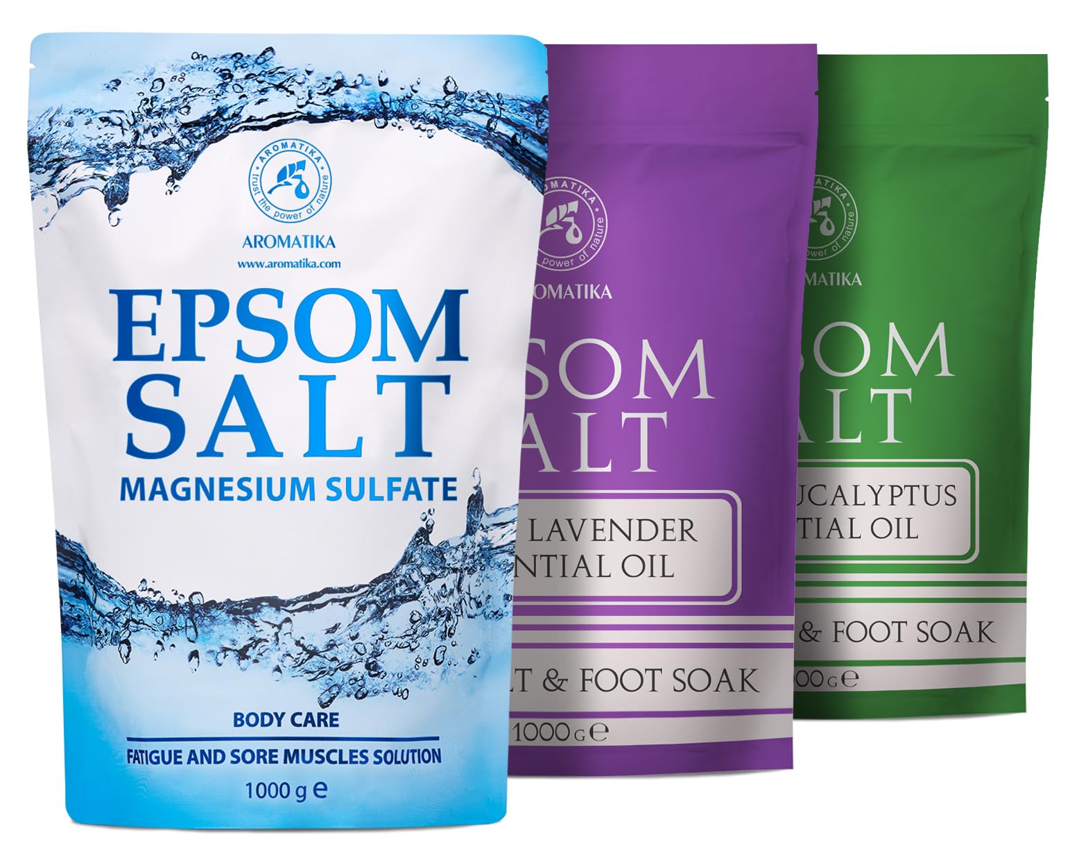 sel de Bain epsom Set 3x1000 g - Sel de Bain Epsom - Huile Essentielle de Eucalyptus & de Lavande - Relaxant - Détente
