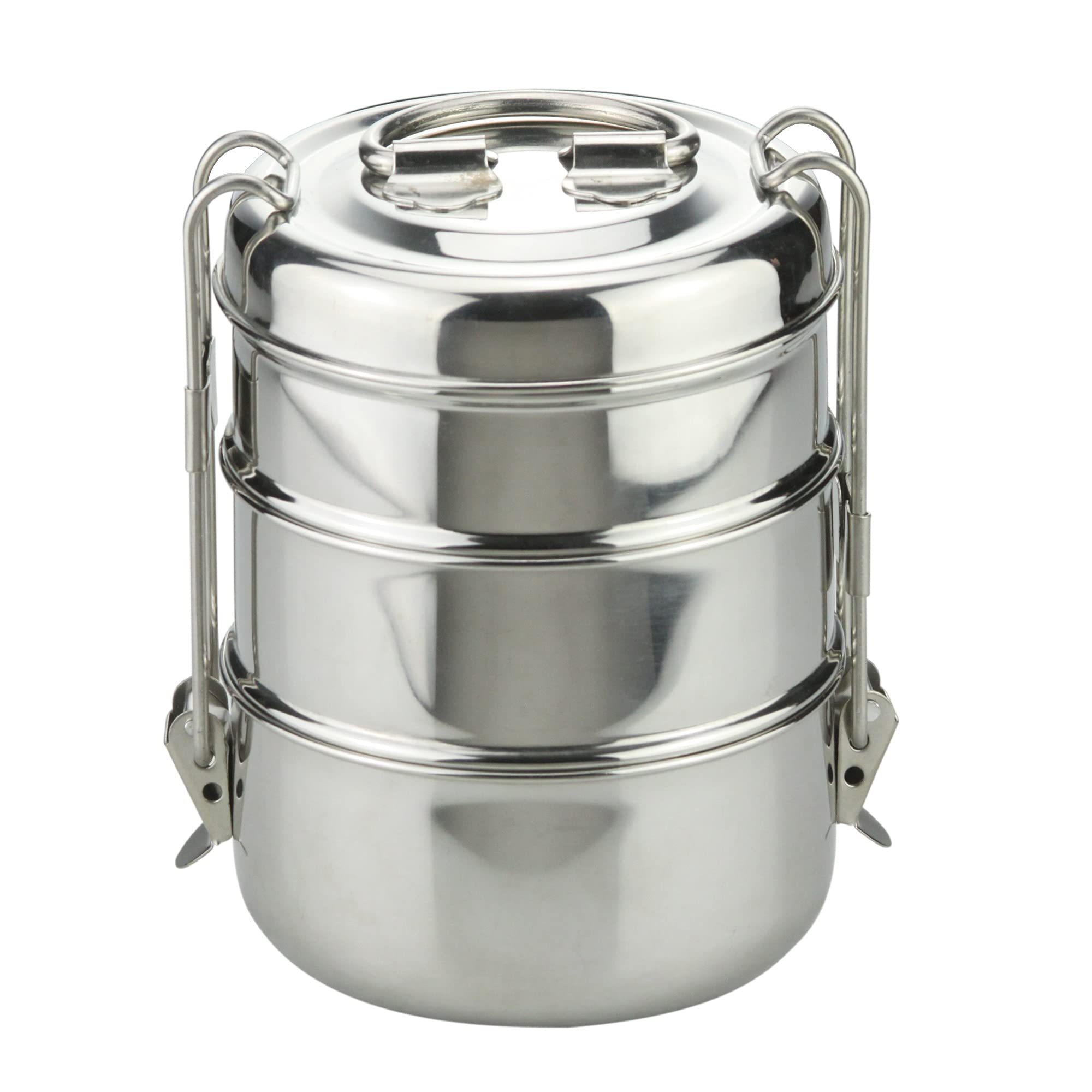 Gk Global Kitchen Silver Indian Tiffin Stainless Steel 3 Tier Tiffin Lunch Box Stackable Tiffin Carrier Tins Lunch Food Containers Storage Portable Kids Adults Work Office School Picnic (3-Layer Tier)