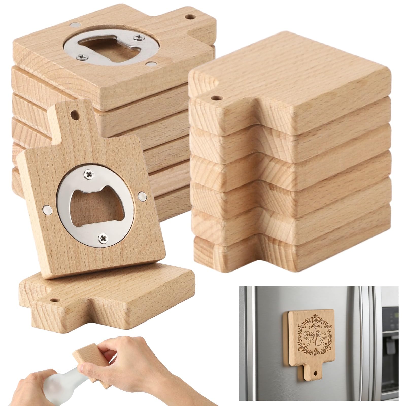 12 Stk. Flaschenöffner aus Buchenholz, 6,6 x 1,3 cm, quadratisch mit Griff und freier DIY-Fläche, mit Metallrückseite für Kühlschrank, Geschenk für Partys, Hochzeiten, Bars