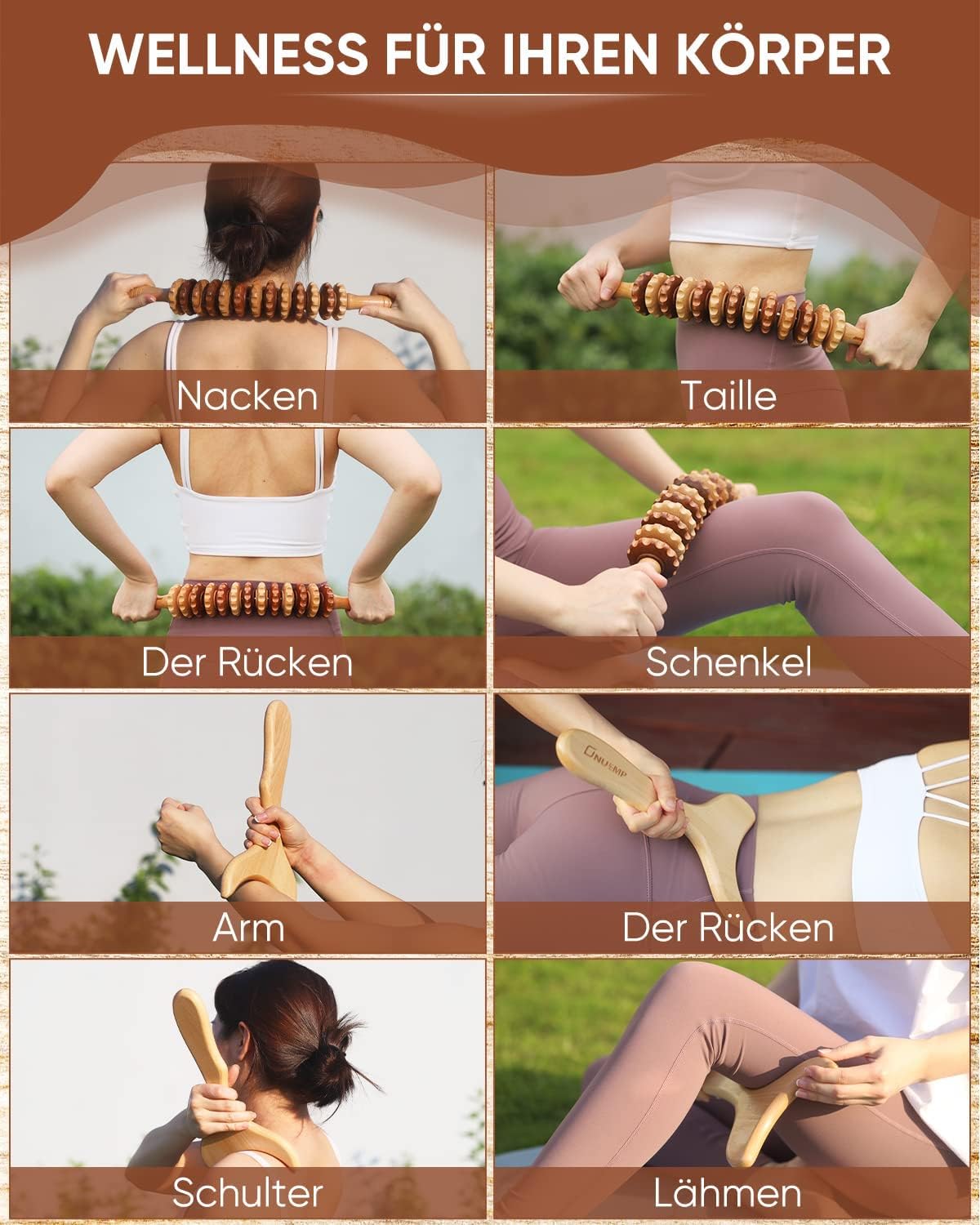 2-in-1 Holz Therapie Massage Tools Set Holz Maderoterapia Kit oder Lymphdrainage Massageroller Kits für Muskelentspannung, Körperformung, Gua Sha Massage, Anti Cellulite, Buche