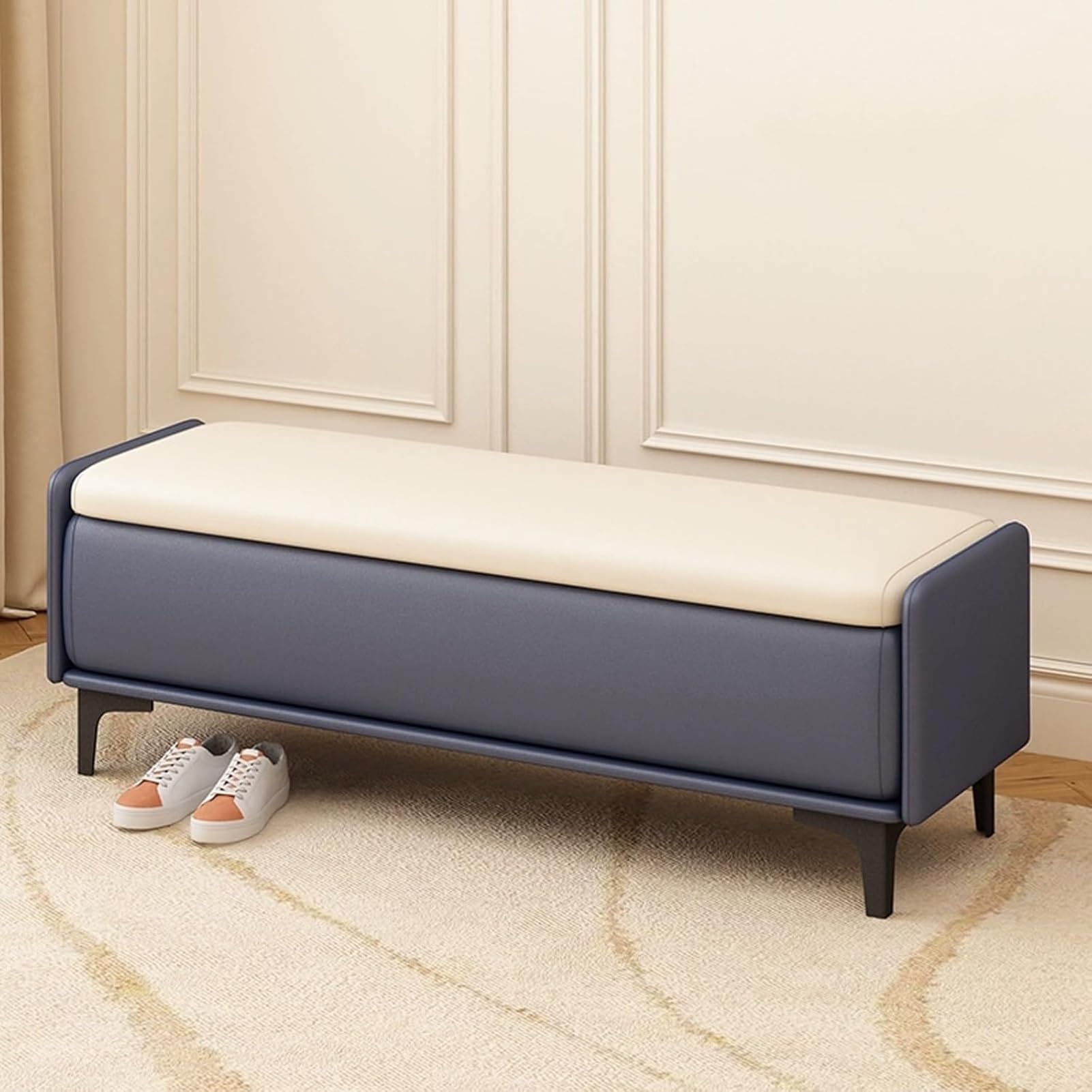 MSHGSKU Modern Storage Bench for Living Room, Entryway Ottoman with Cushion, Multi-Functional Foyer Seat & Shoe Changing Bench, 110cm Beige & Blue Decor