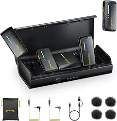 7RYMS iRay DW40 Microfone sem fio de 4 canais para cameras, flmadoras, iPhones, telefones Android, microfone de lapela sem fio cancelamento de ruido, alcance de 656 pés, 12,5 horas de trabalho