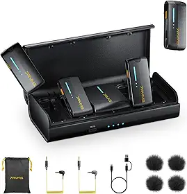 7RYMS iRay DW40 Microfone sem fio de 4 canais para cameras, flmadoras, iPhones, telefones Android, microfone de lapela sem fio cancelamento de ruido, alcance de 656 pés, 12,5 horas de trabalho