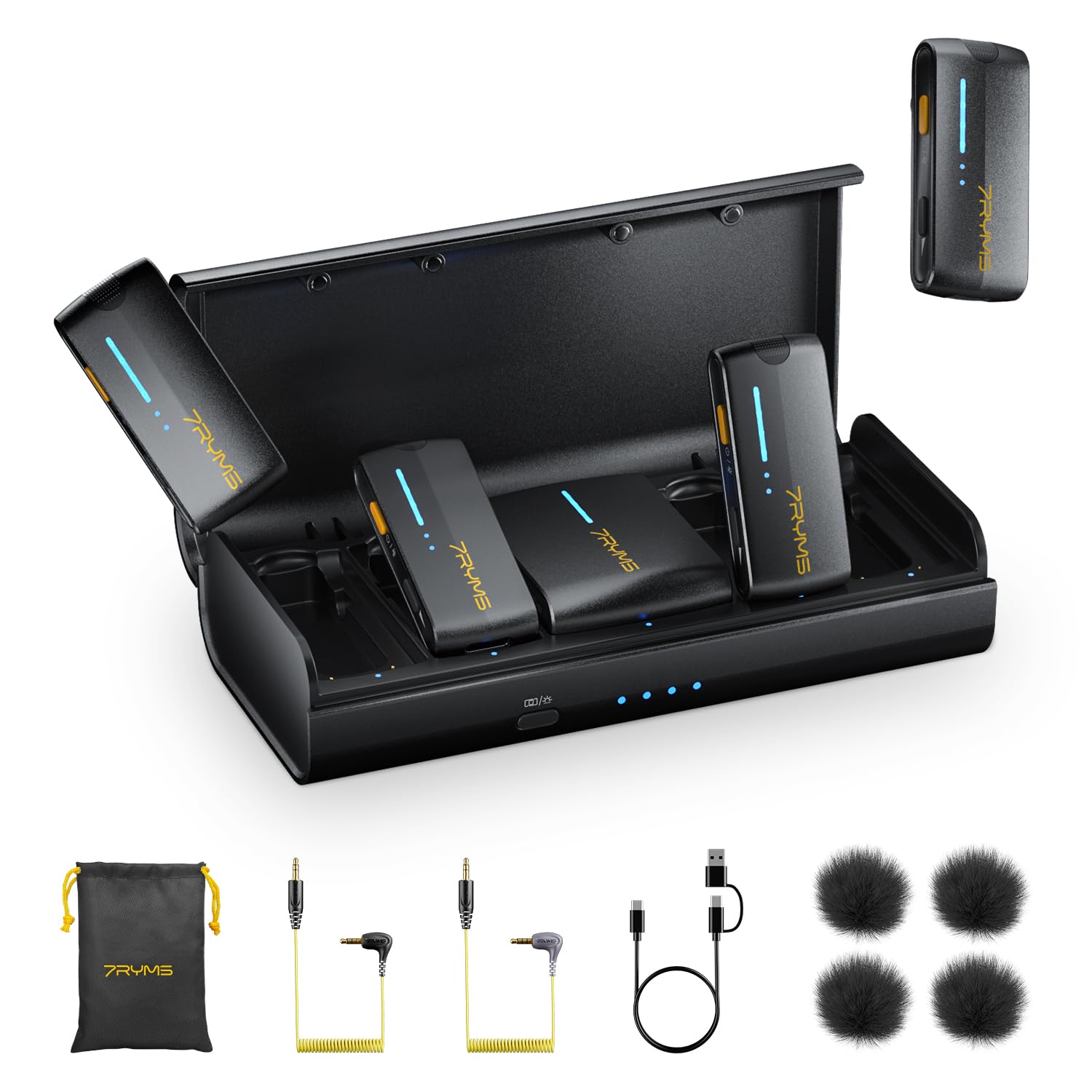 7RYMS iRay DW40 4-Channel Wireless Microphone for Cameras, Camcorders, iPhones, Android Phones, Wireless Lavalier Microphone -Noise Canceling, 656ft Range, 12.5H Working, Lav Mic for Video Recording