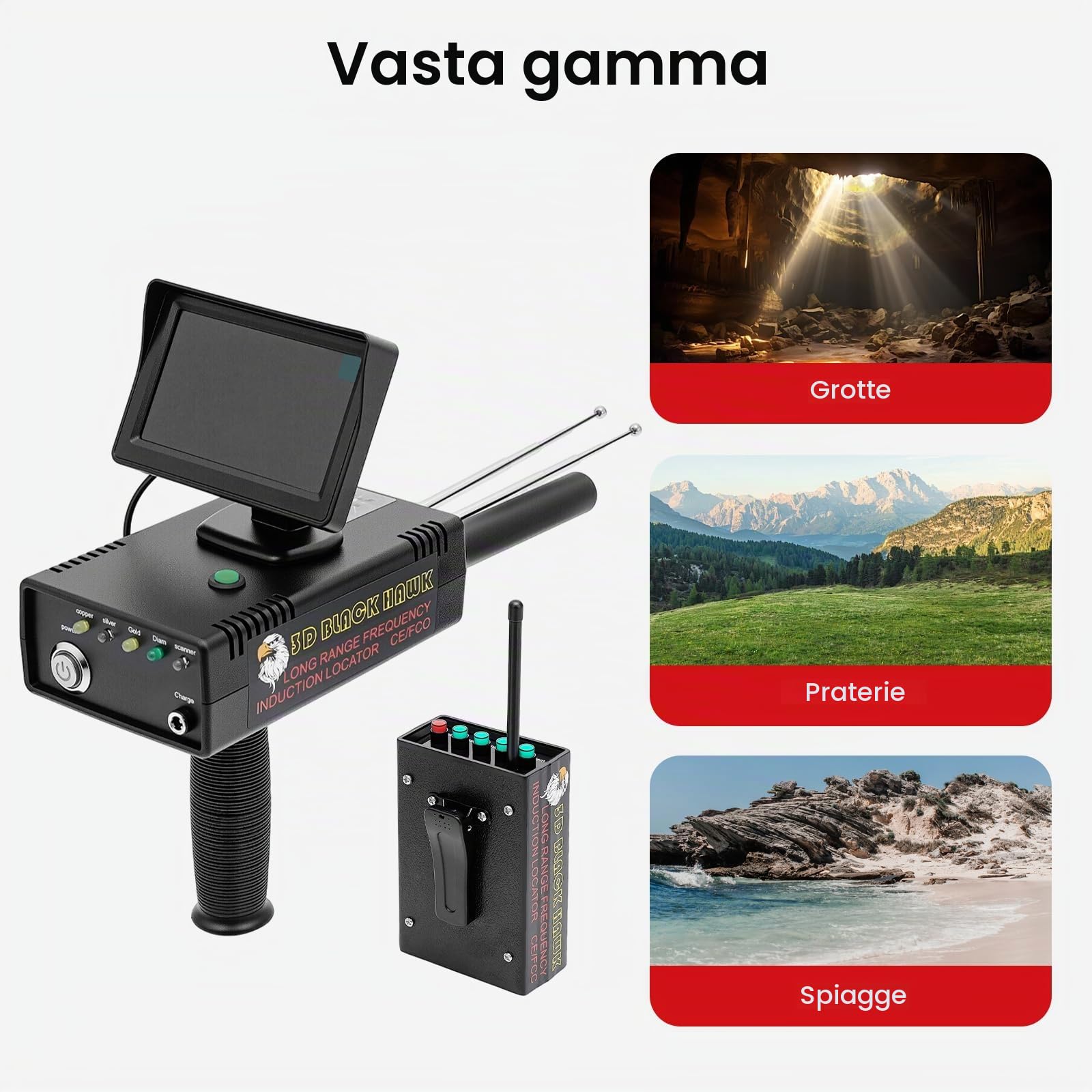 Rivelatore portatile in metallo dorato, 3D, campo di ricerca, 1200 m, profondità di rilevamento 30 m, indicatore LED ad alta precisione professionale (oro, argento, rame, diamante)