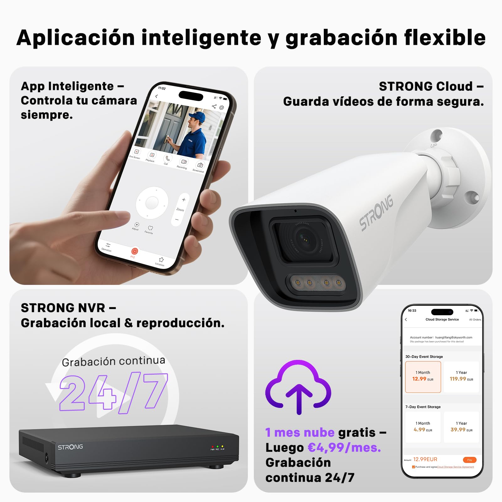 Strong Cámara Exterior 3K 5MP, Cámara Seguridad PoE con Detección Movimiento/Humana, Visión Nocturna Avanzada, Alertas de Vehículos, IP67 Impermeable, Micrófono, Grabación NVR/Cloud, Control por App