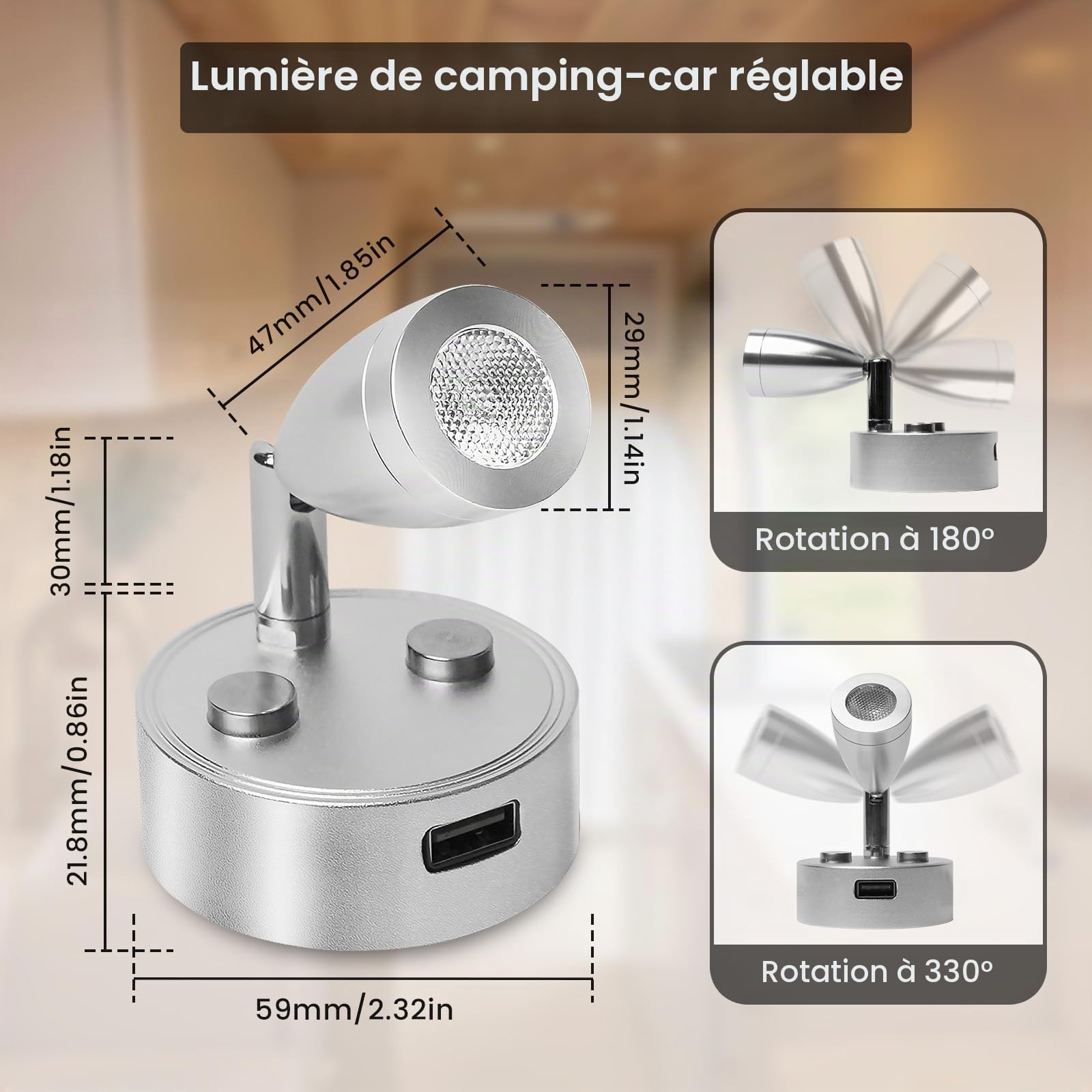 Lampe LED 12V pour Camping Car avec Port USB et Interrupteur Tactile, Spot de Lecture LED 12V Lumière Chaude 3000K, Lampe de Lecture 12 V Dimmable pour Caravane, Bateau et Yacht, Lot de 2