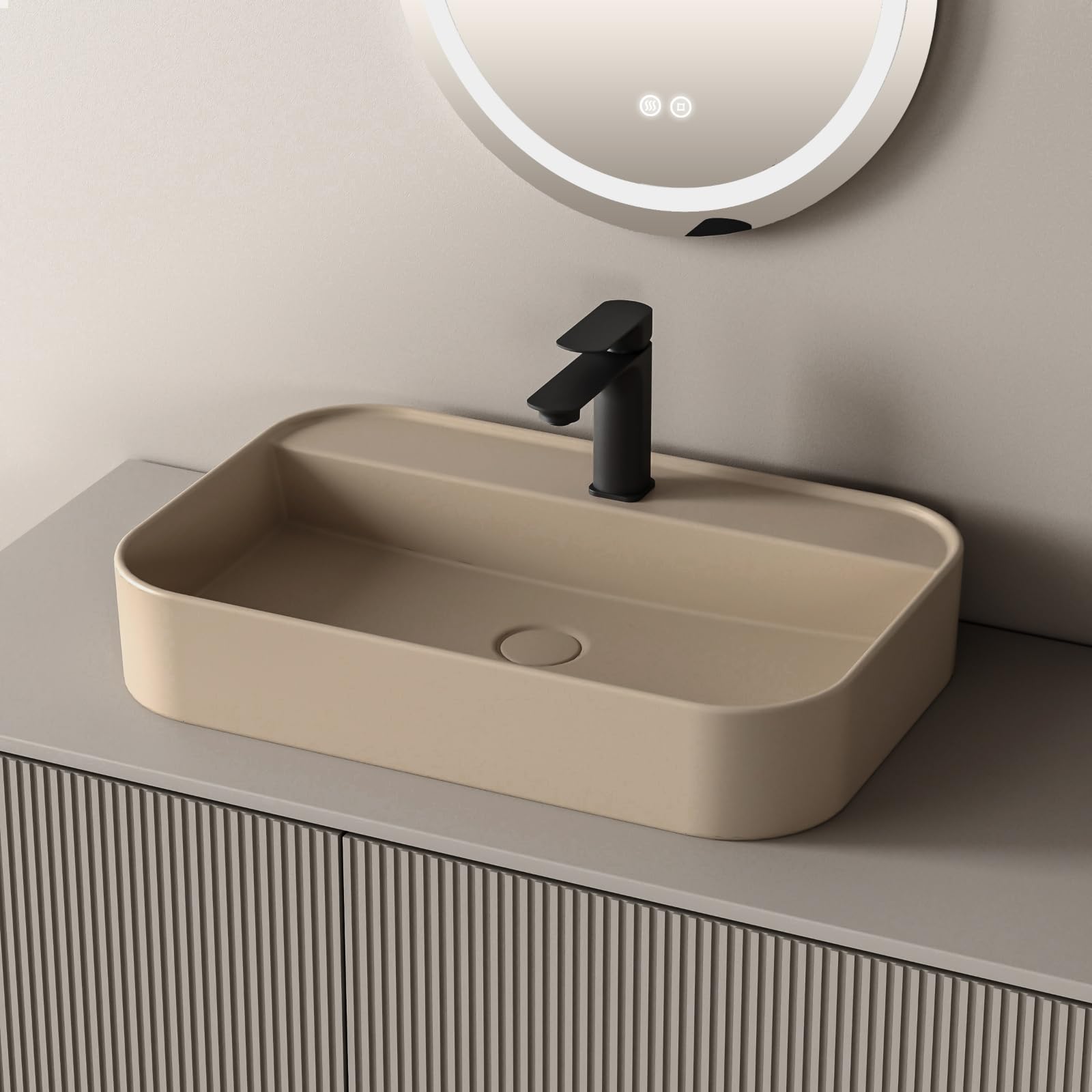 EMKE Lavabo de salle de bain - Lavabo à poser - Beige pâle mat - 60,3 x 40,1 x 11 cm - En céramique - Pour salle de bain et WC d'invités - Rectangulaire - Lavabo suspendu de qualité supérieure