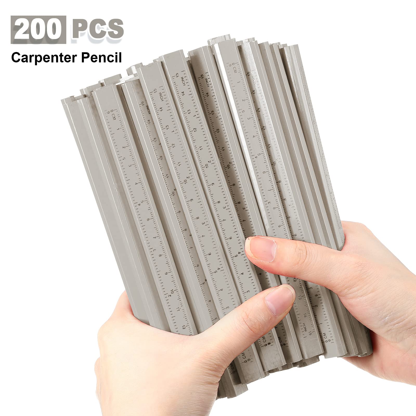 Juego de 202 lápices de carpintero, 200 lápices de construcción planos con regla impresa, lápices de grafito de madera, 2 sacapuntas de carpintero para herramienta de marcado de carpintería (blanco)