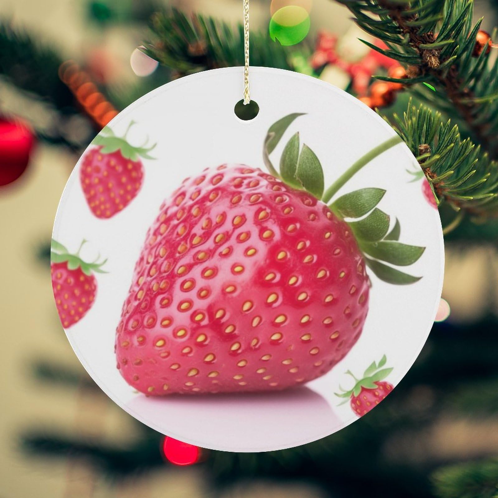 Strawberry Christmas Ornament for Christmas Tree Ceramic Round Ornament Winter Holiday Keepsake Gift 2.7" Christmas Tree Hanging Decorations Circle Ceramic Pendant Xmas Gift