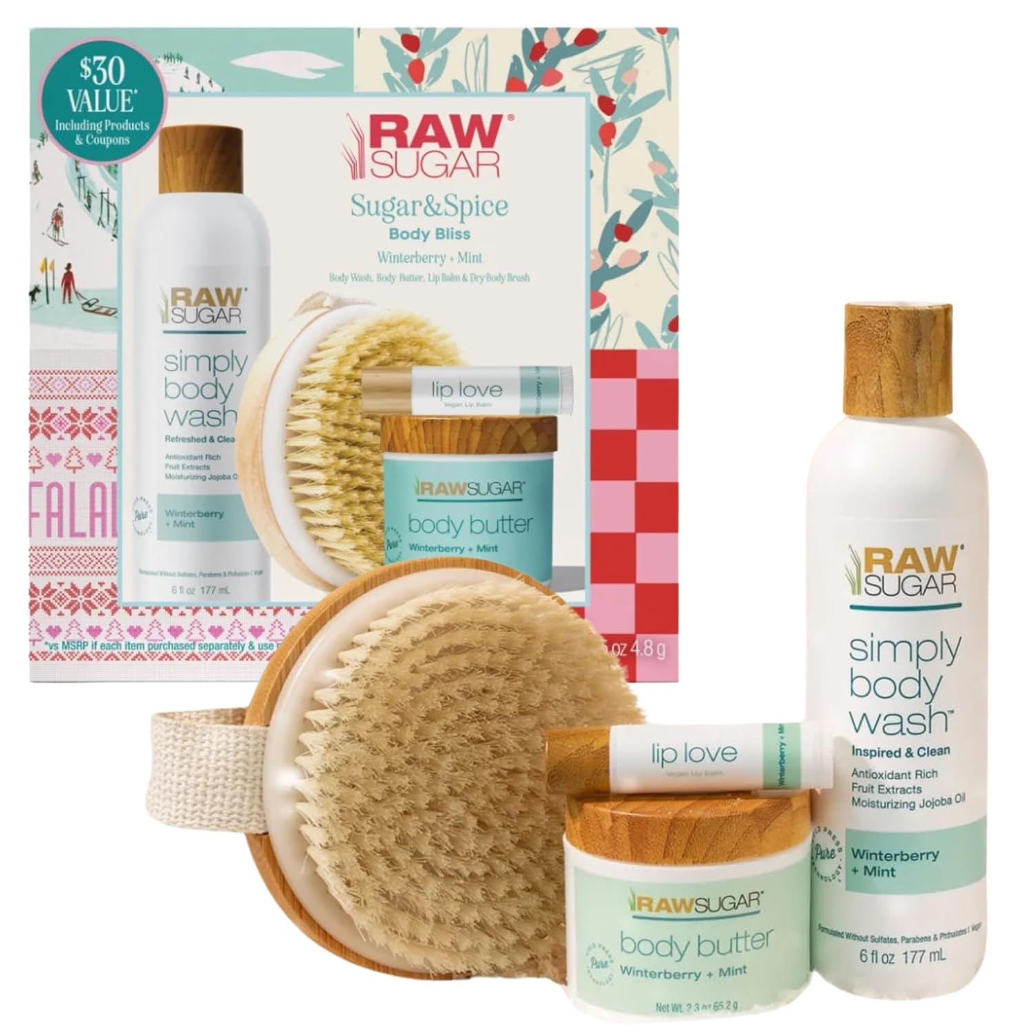 Raw Sugar Body Bliss Gift Set, Winterberry + Mint, Body Wash 6 fl oz, Body Butter 2.3 oz, Lip Balm and Body Brush