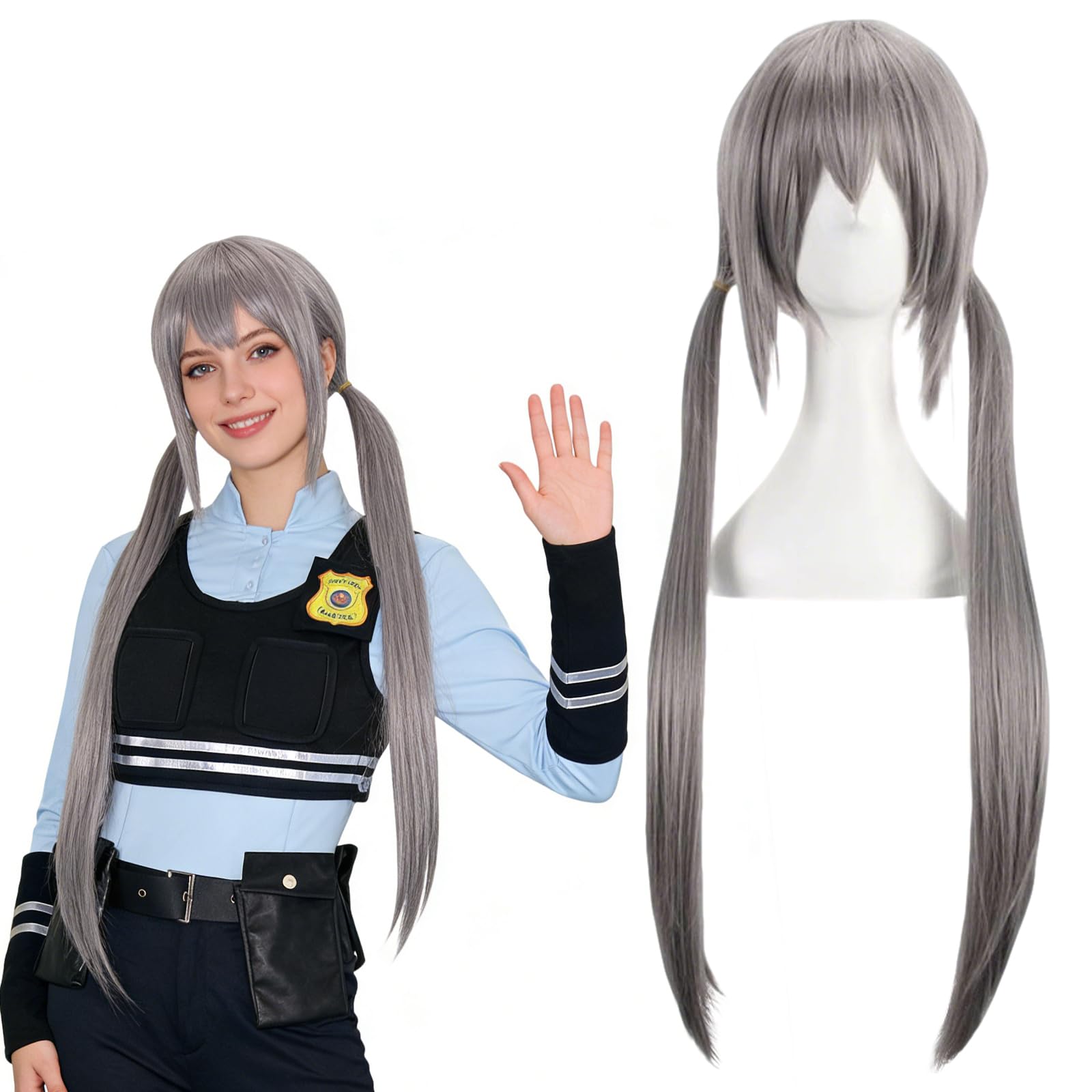 Grau Langes Glattes Haar Perücke, Flauschiger Anime Wig mit Pony, Kunstfaserperücke, mit Haarnetz, für Halloween, Karneval, Themenpartys und Kostüm-Events