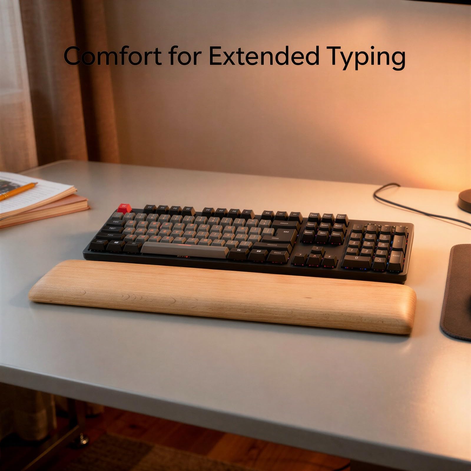 Tastatur-Handgelenkauflage aus Buchenholz, 36 cm ergonomische Handballenauflage für 87-Tasten mechanische Tastaturen, Vollholz, rutschfest, für Gaming, Home und Büro, glatte Oberfläche