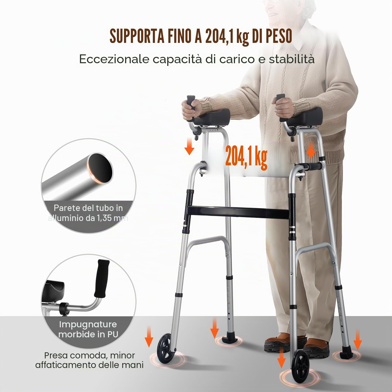 VEVOR Deambulatore Pieghevole 2 in 1 Ausilio per Mobilità con Ruote Anteriori, Braccioli Rimovibili, Altezza Regolabile con Ruote Solide da 127 mm Alluminio Leggero, per Anziani Disabili, 204,11 kg